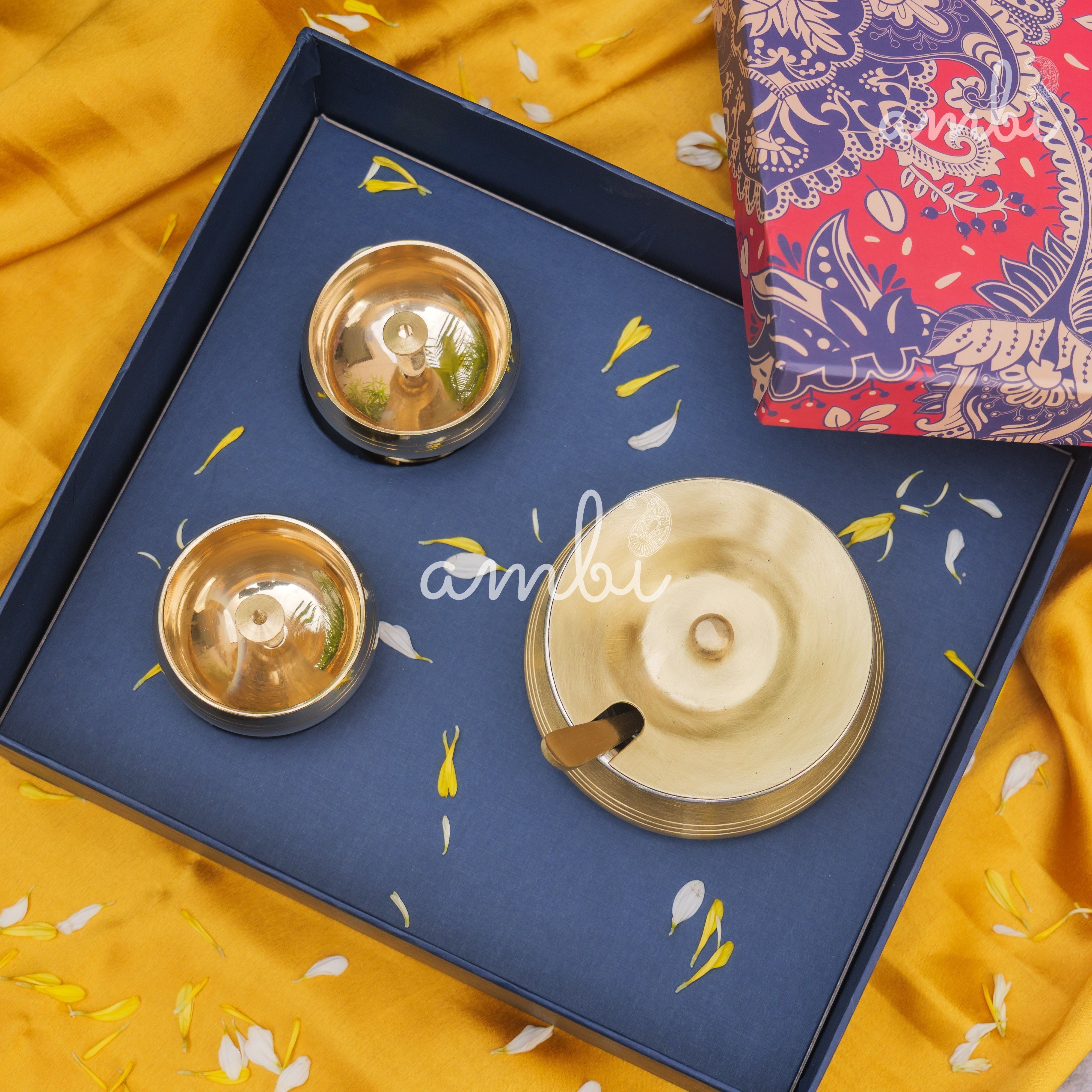 Ambi Gift of Purity (Kuber Diyas) : 1 Pure Brass Ghee Pot and 2 Pure Brass Kuber Diyas in a Gift Box