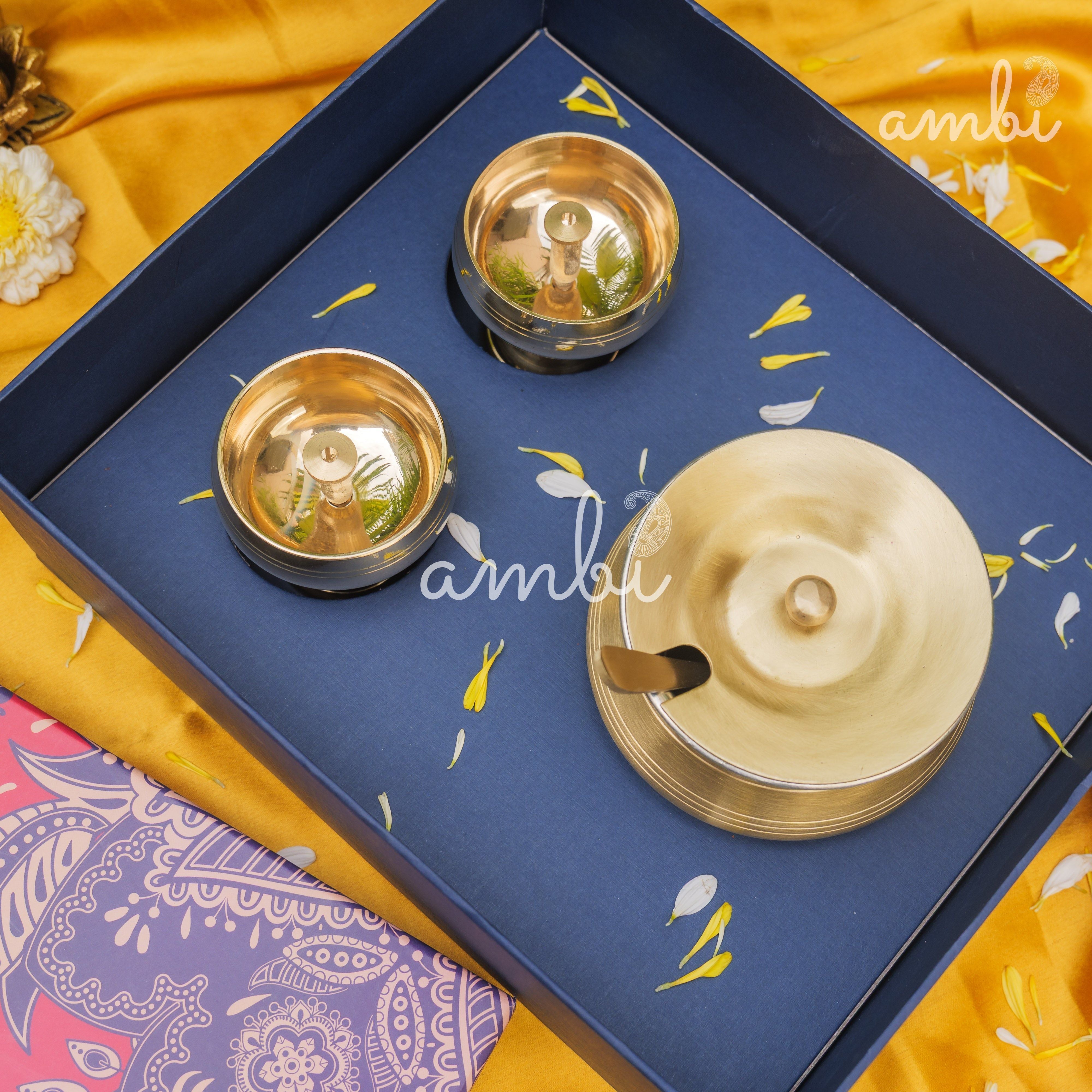 Ambi Gift of Purity (Kuber Diyas) : 1 Pure Brass Ghee Pot and 2 Pure Brass Kuber Diyas in a Gift Box