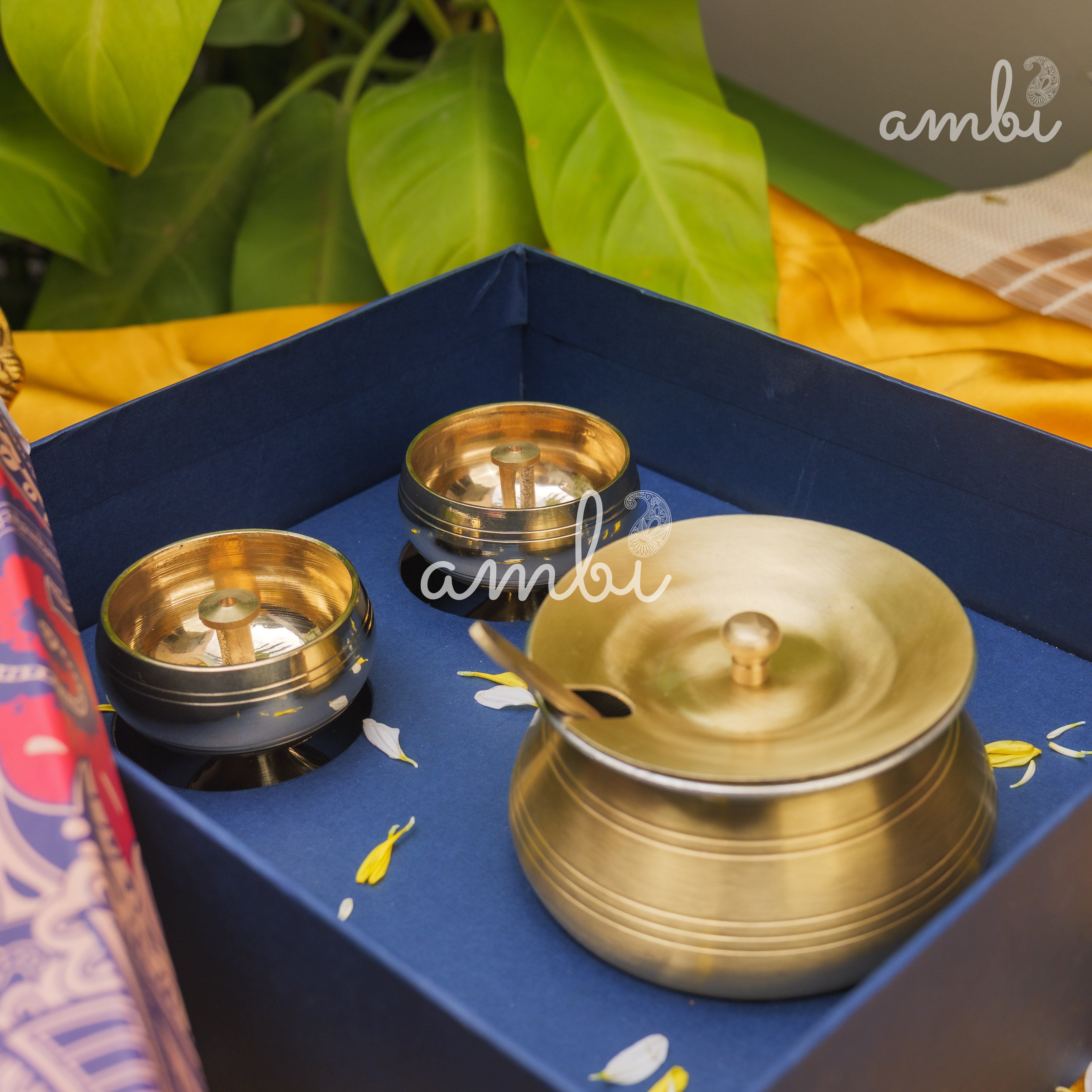 Ambi Gift of Purity (Kuber Diyas) : 1 Pure Brass Ghee Pot and 2 Pure Brass Kuber Diyas in a Gift Box