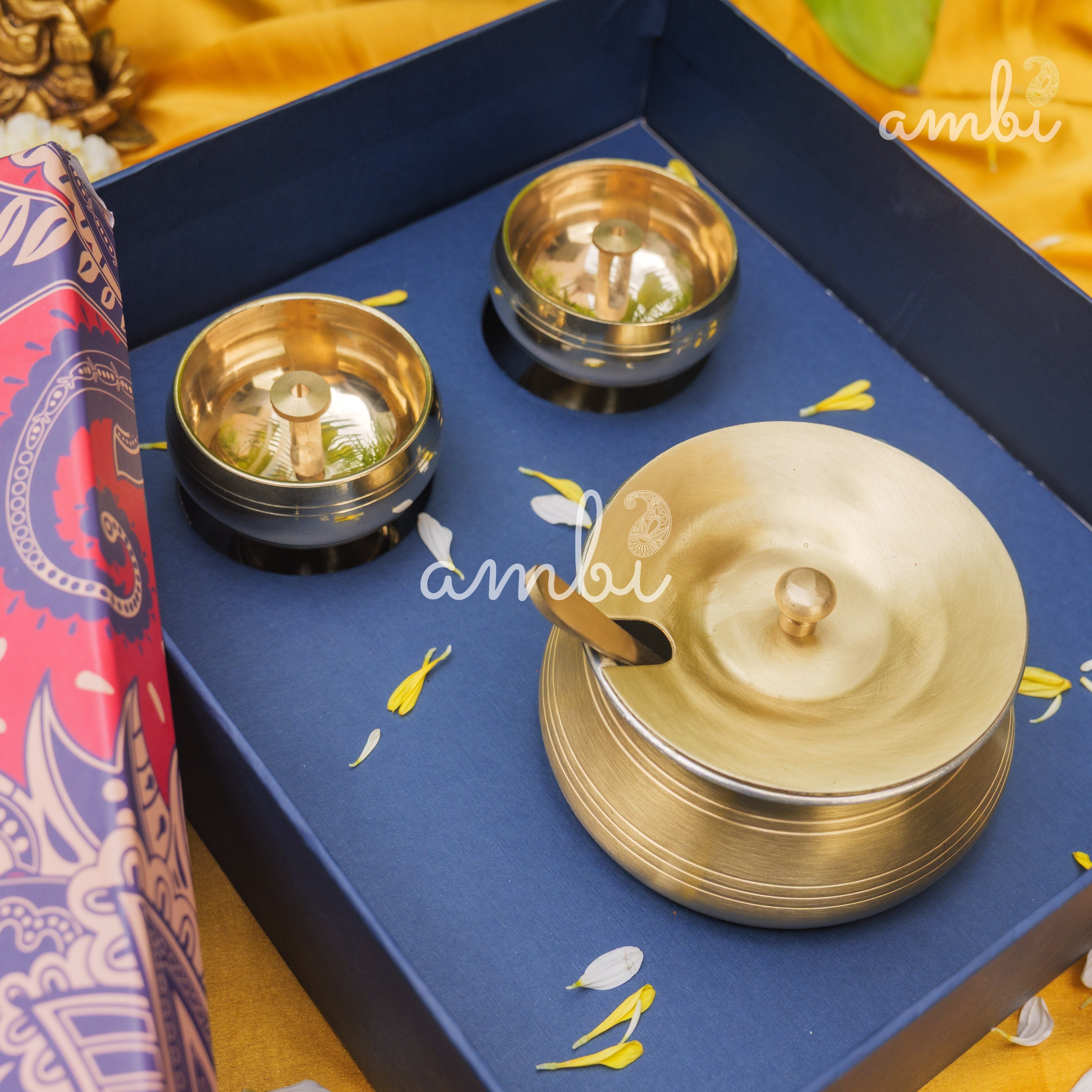 Ambi Gift of Purity (Kuber Diyas) : 1 Pure Brass Ghee Pot and 2 Pure Brass Kuber Diyas in a Gift Box