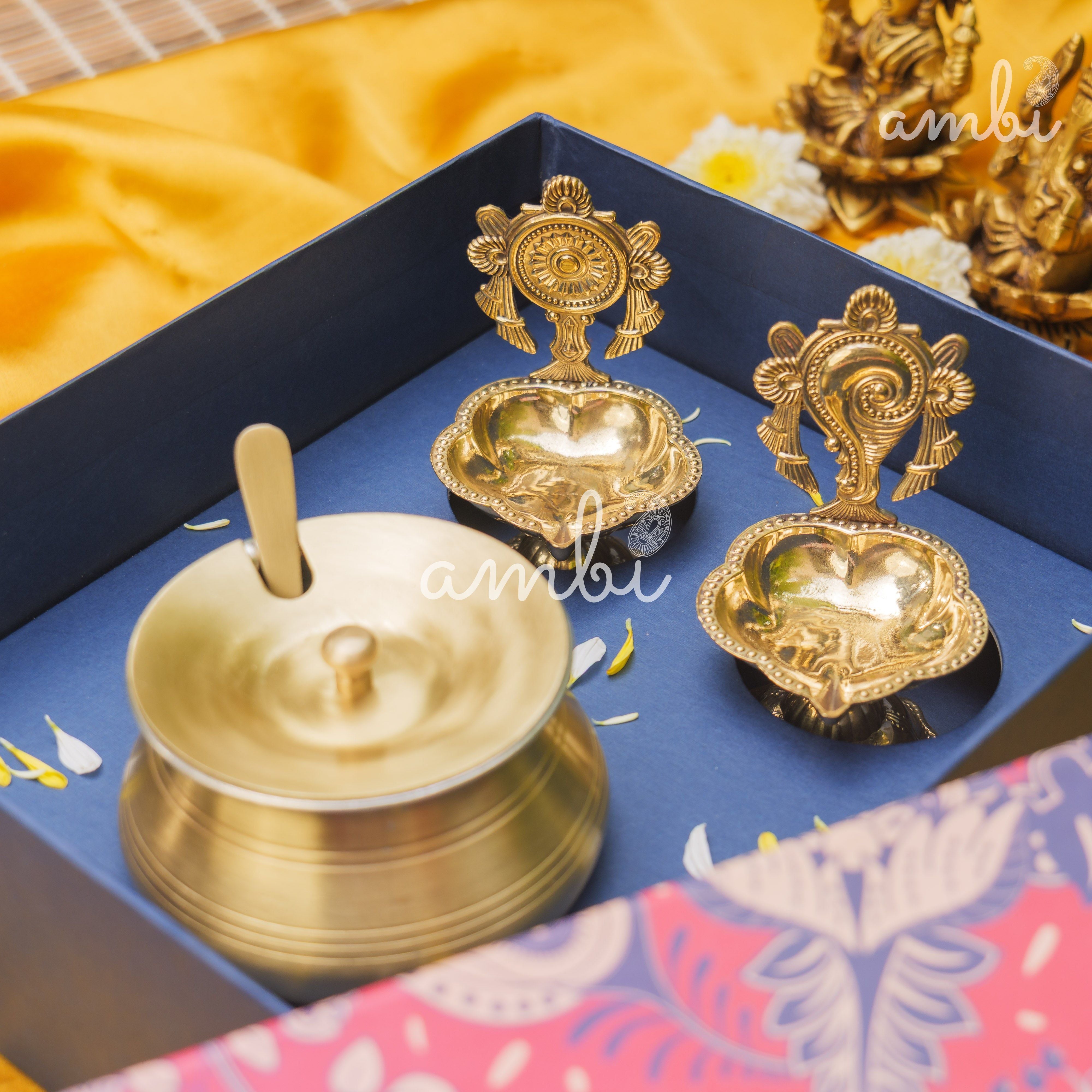 Ambi Gift of Purity (Shankh and Chakra Diyas) : 1 Pure Brass Ghee Pot and 2 Pure Brass Diyas in a Gift Box