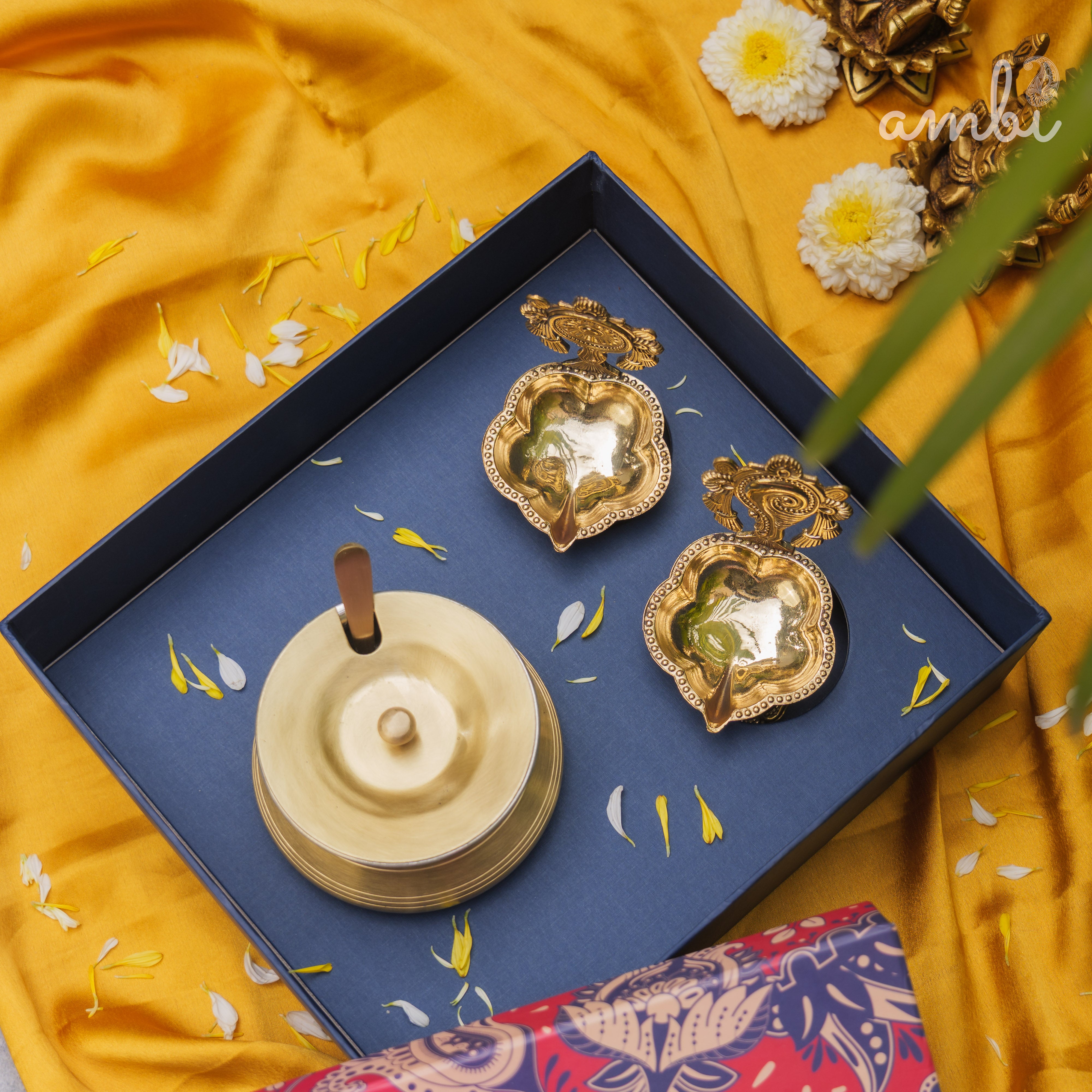 Ambi Gift of Purity (Shankh and Chakra Diyas) : 1 Pure Brass Ghee Pot and 2 Pure Brass Diyas in a Gift Box