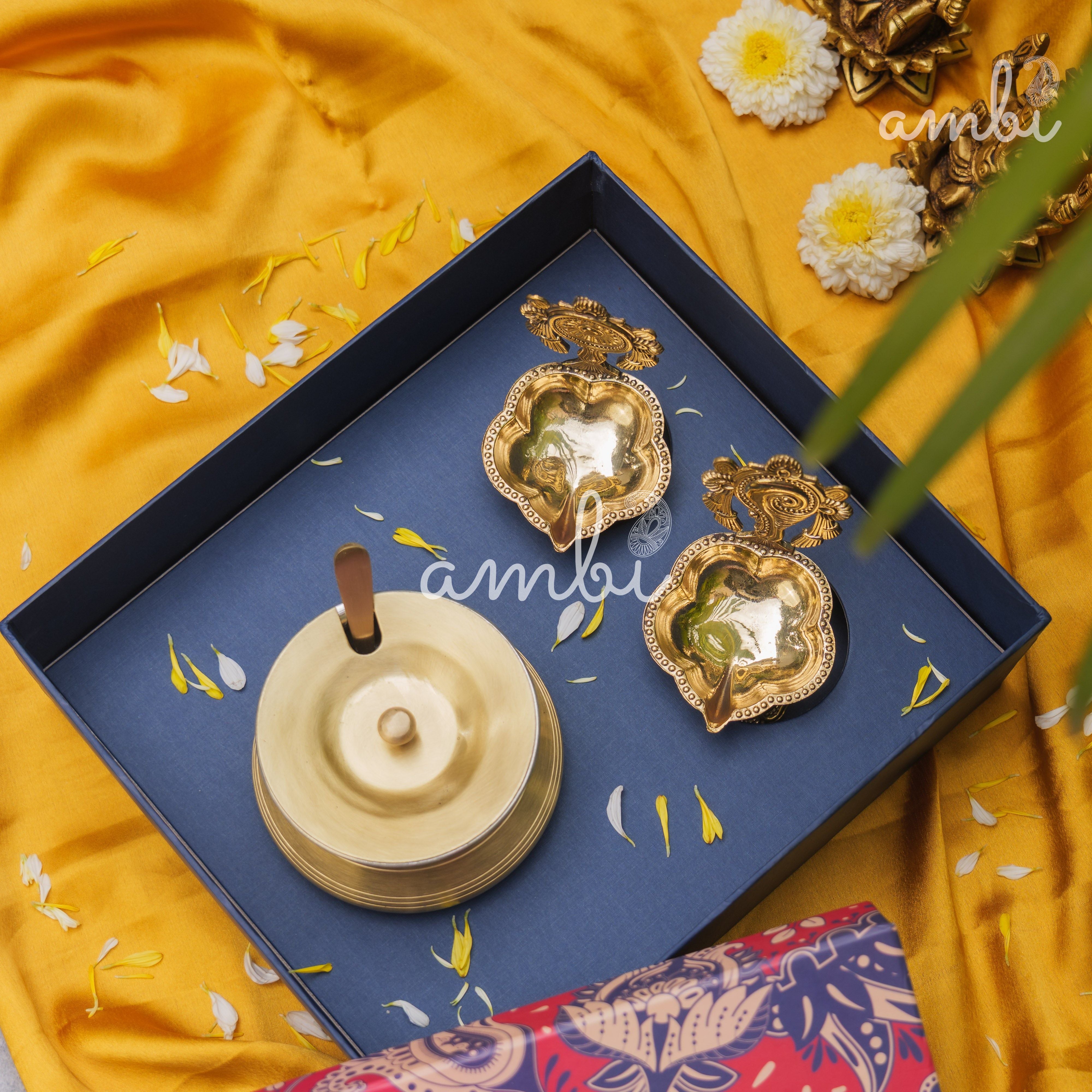 Ambi Gift of Purity (Shankh and Chakra Diyas) : 1 Pure Brass Ghee Pot and 2 Pure Brass Diyas in a Gift Box