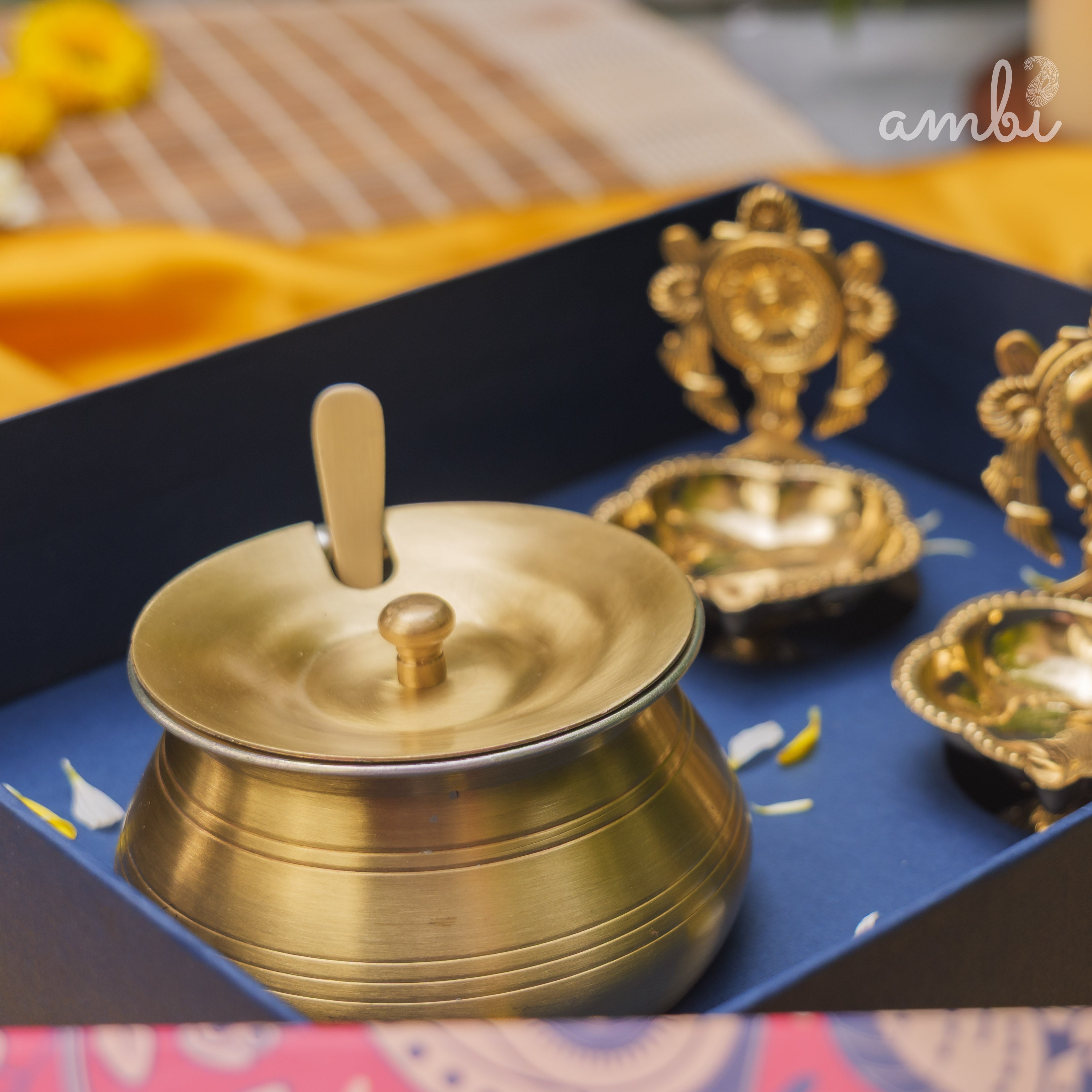 Ambi Gift of Purity (Shankh and Chakra Diyas) : 1 Pure Brass Ghee Pot and 2 Pure Brass Diyas in a Gift Box