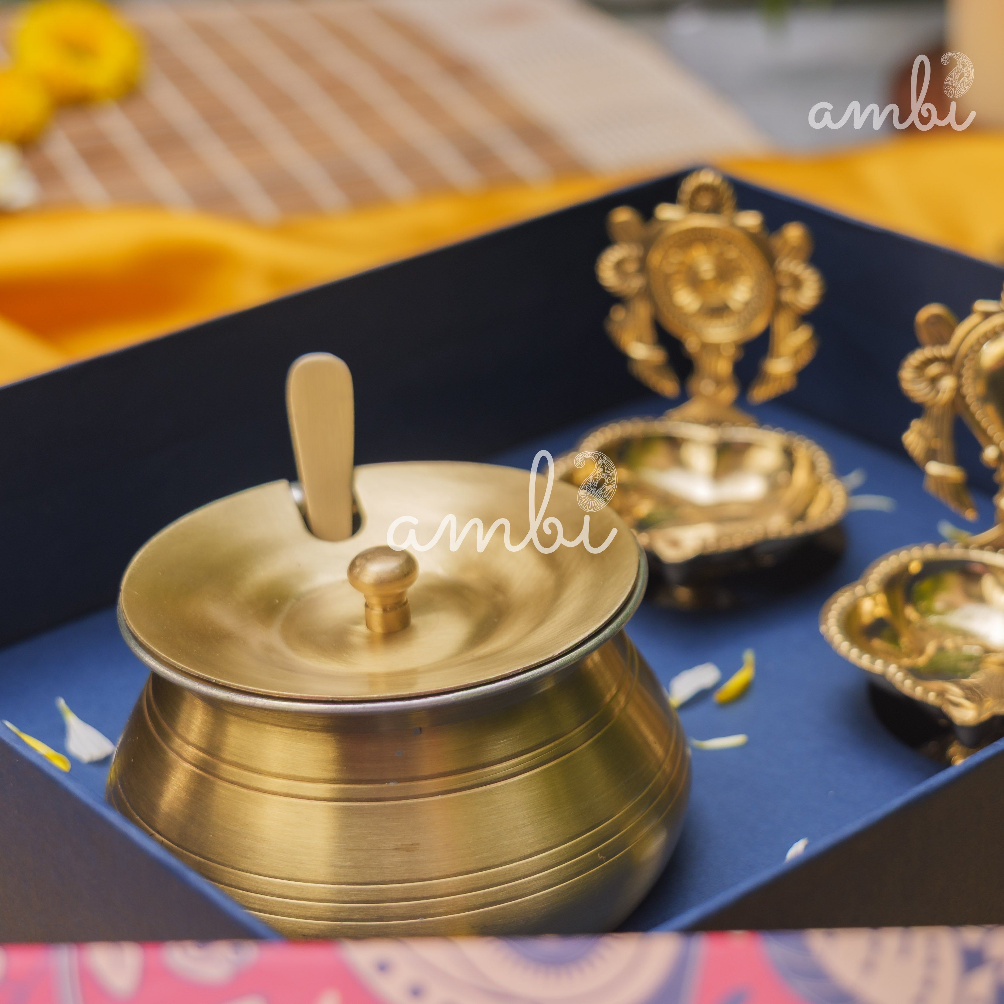 Ambi Gift of Purity (Shankh and Chakra Diyas) : 1 Pure Brass Ghee Pot and 2 Pure Brass Diyas in a Gift Box