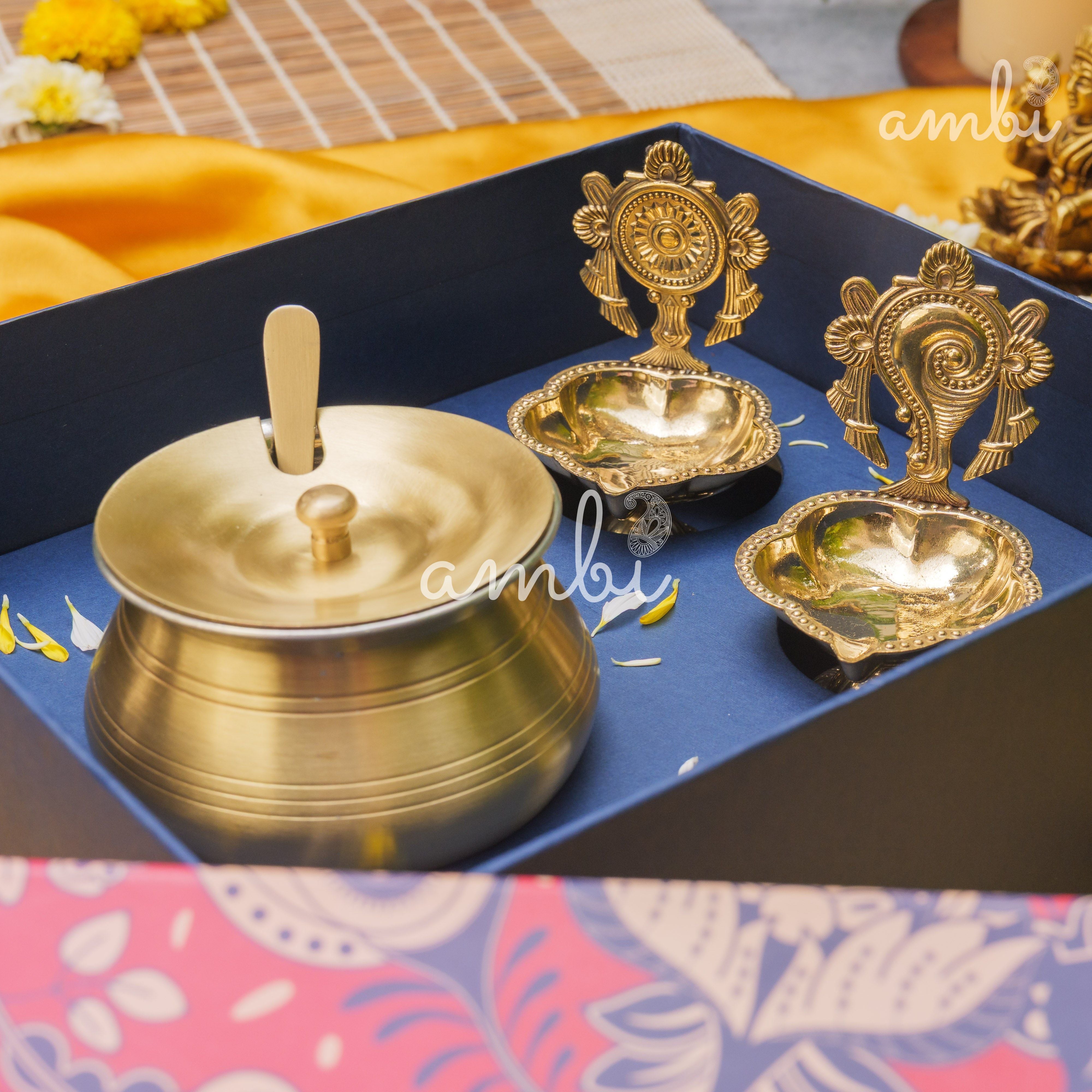 Ambi Gift of Purity (Shankh and Chakra Diyas) : 1 Pure Brass Ghee Pot and 2 Pure Brass Diyas in a Gift Box