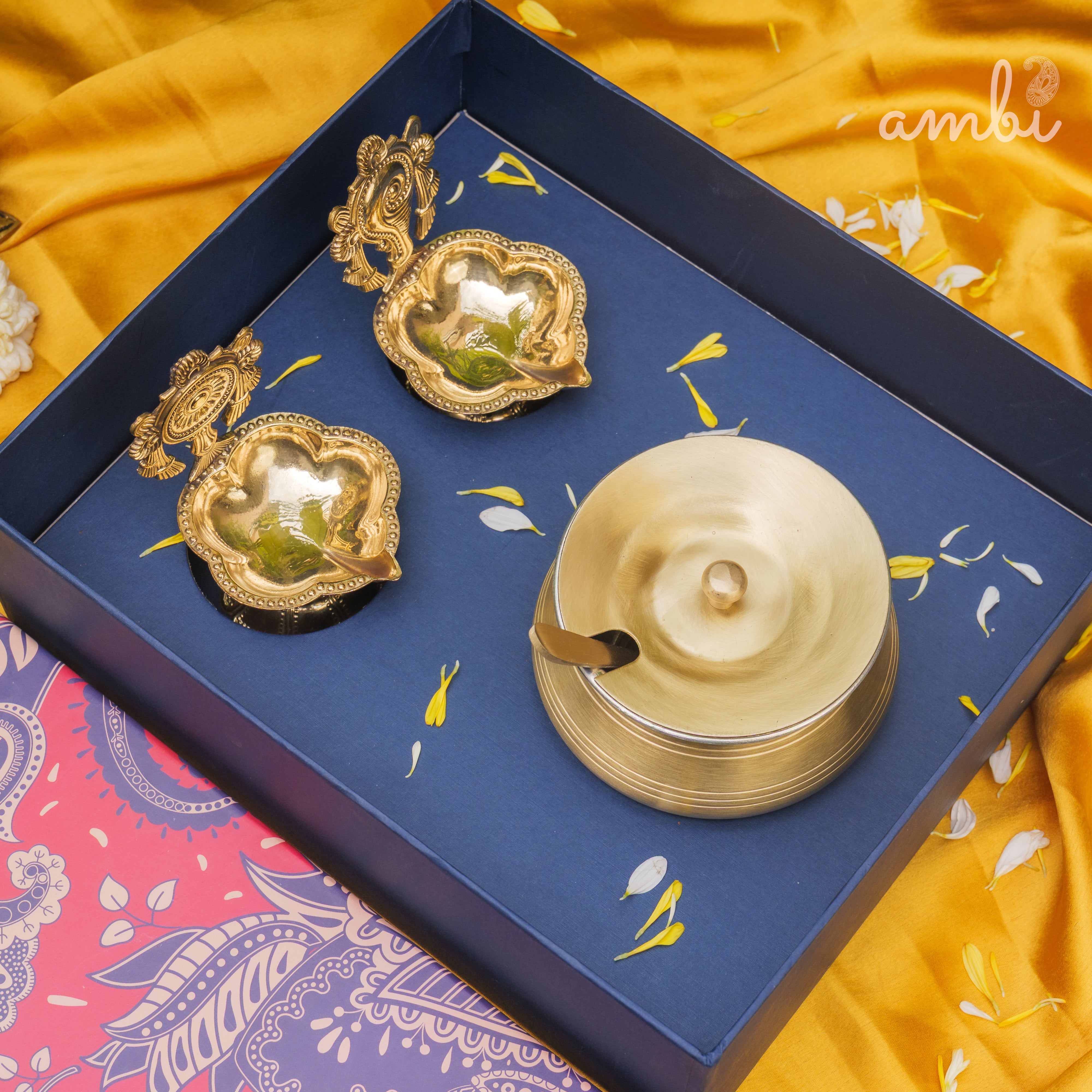 Ambi Gift of Purity (Shankh and Chakra Diyas) : 1 Pure Brass Ghee Pot and 2 Pure Brass Diyas in a Gift Box