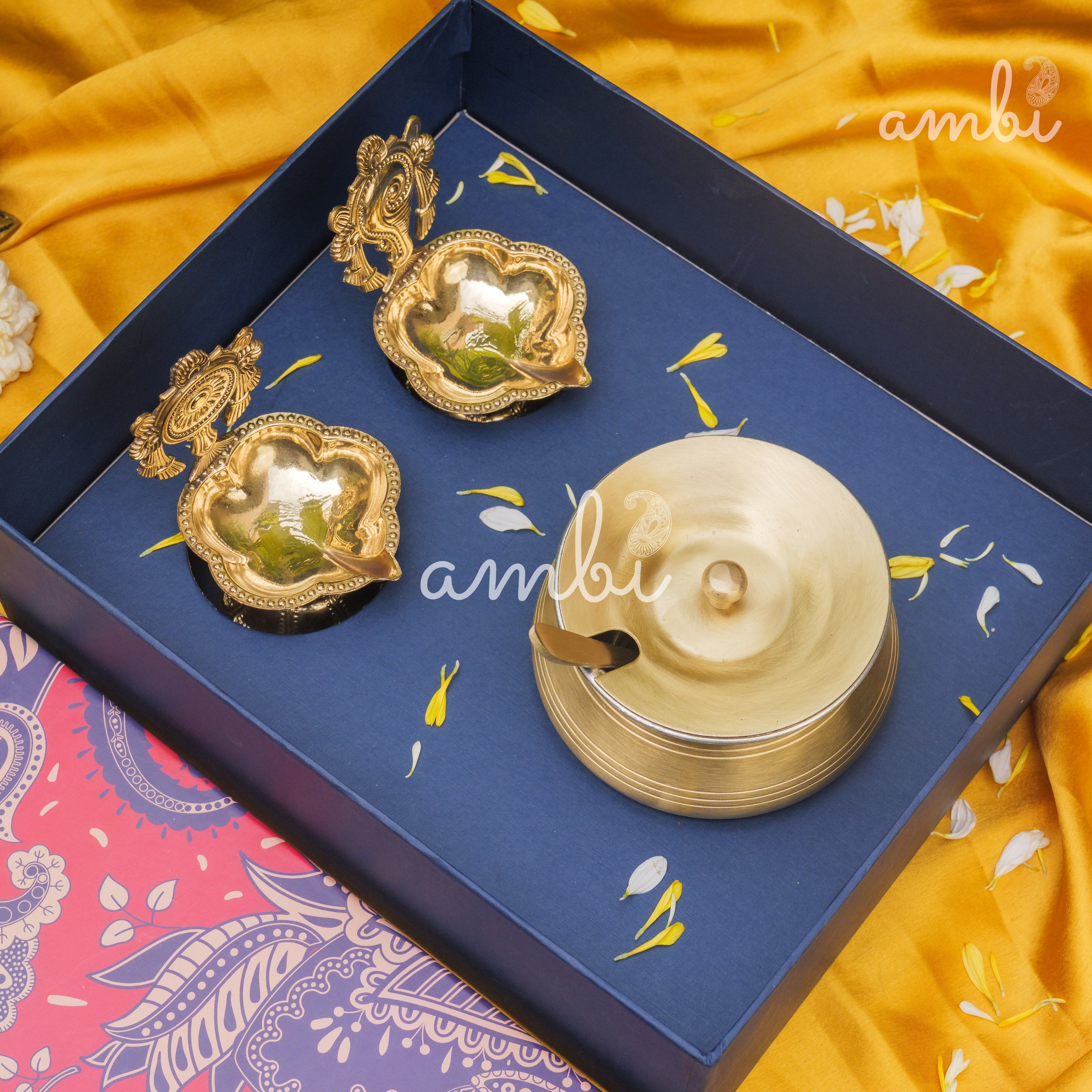 Ambi Gift of Purity (Shankh and Chakra Diyas) : 1 Pure Brass Ghee Pot and 2 Pure Brass Diyas in a Gift Box