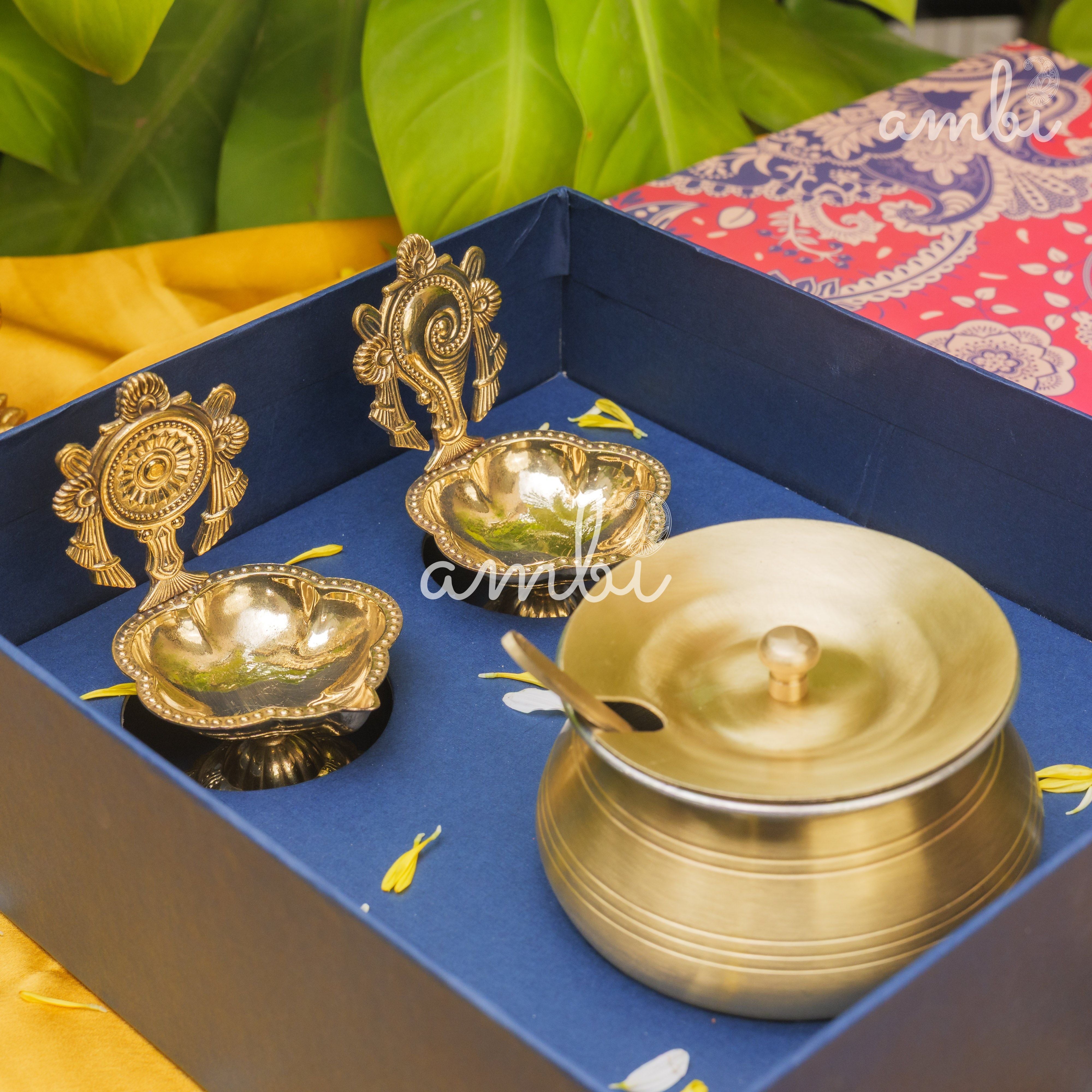 Ambi Gift of Purity (Shankh and Chakra Diyas) : 1 Pure Brass Ghee Pot and 2 Pure Brass Diyas in a Gift Box