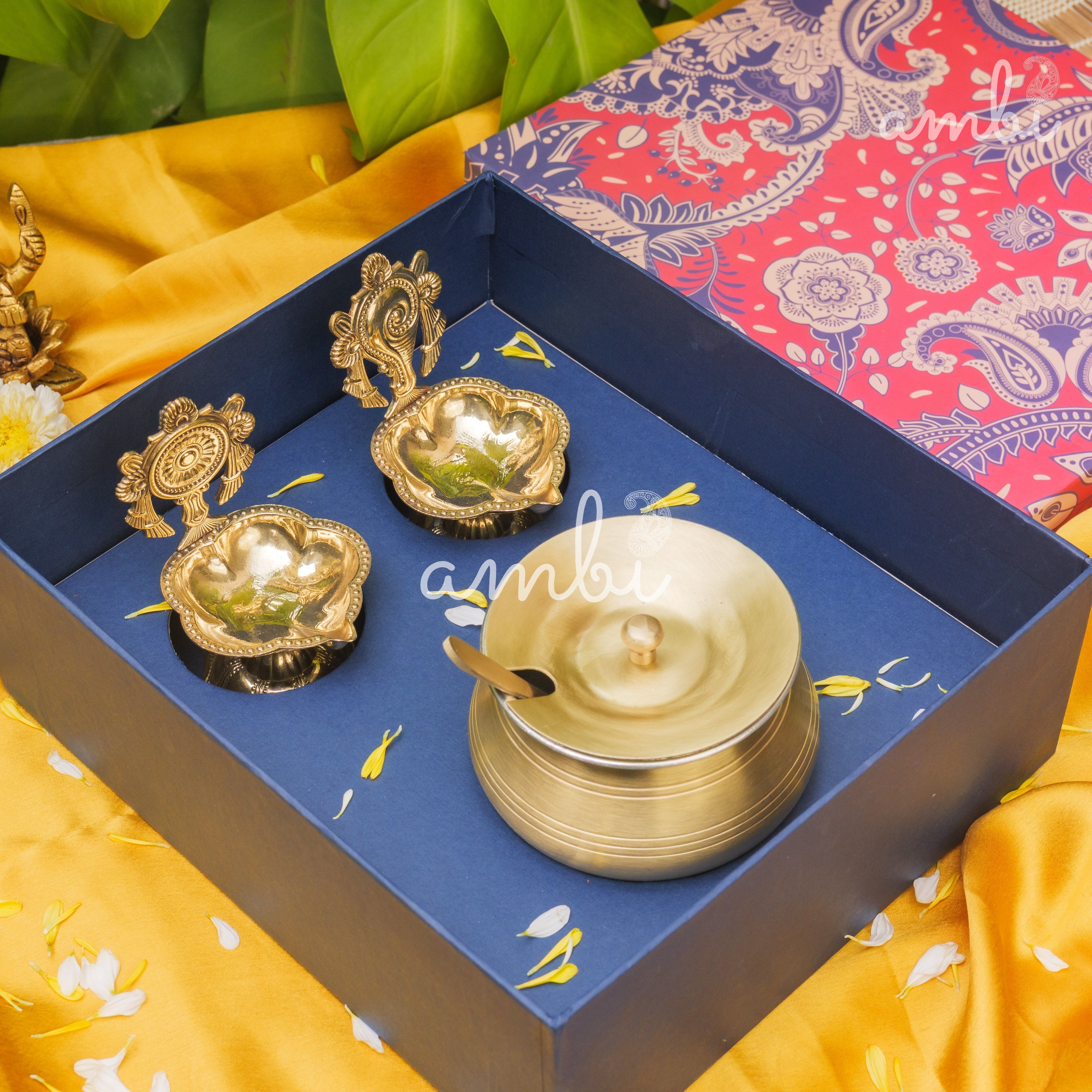 Ambi Gift of Purity (Shankh and Chakra Diyas) : 1 Pure Brass Ghee Pot and 2 Pure Brass Diyas in a Gift Box