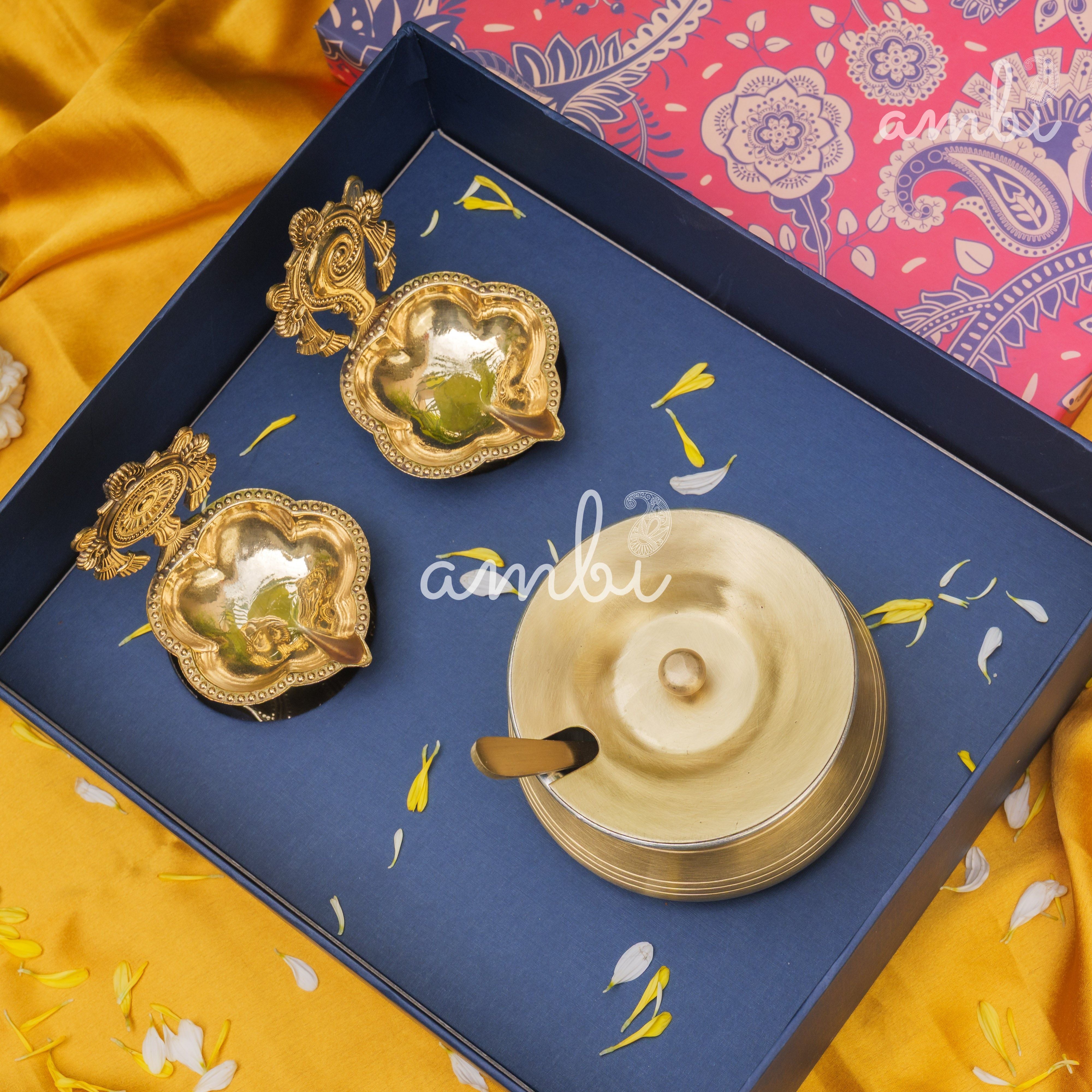 Ambi Gift of Purity (Shankh and Chakra Diyas) : 1 Pure Brass Ghee Pot and 2 Pure Brass Diyas in a Gift Box