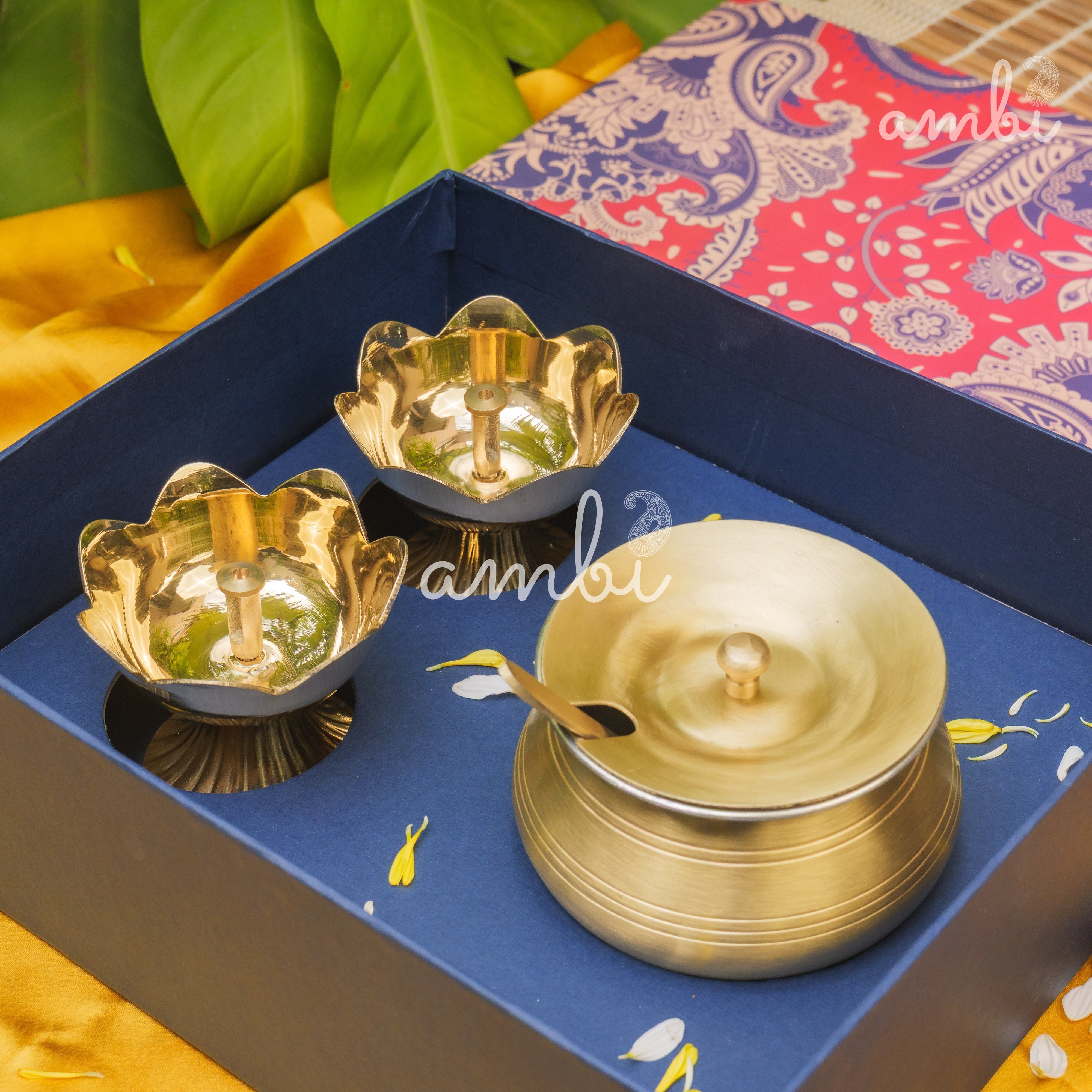 Ambi Gift of Purity (Lotus Diyas): 1 Pure Brass Ghee Pot and 2 Pure Brass Lotus Diyas in a Gift Box