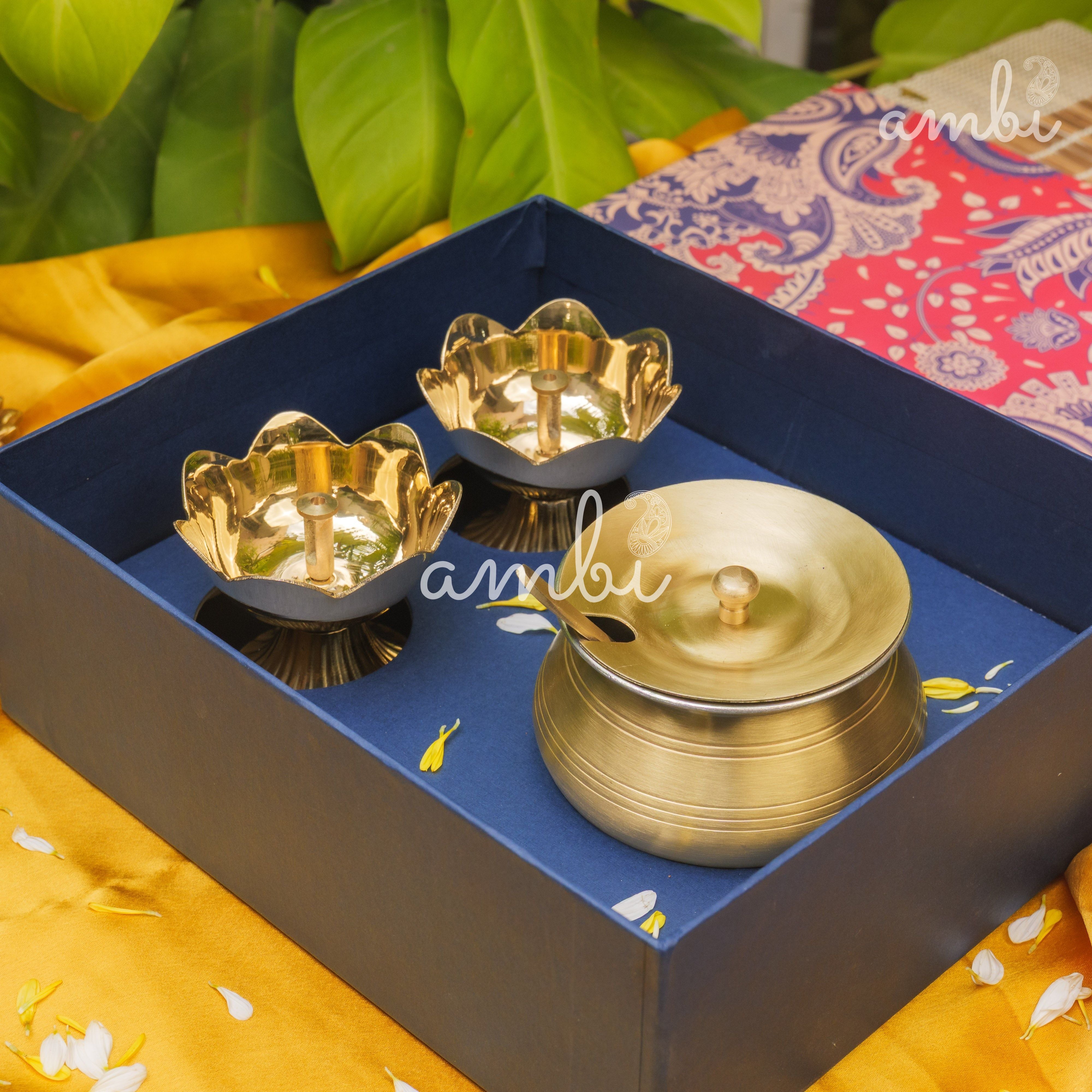 Ambi Gift of Purity (Lotus Diyas): 1 Pure Brass Ghee Pot and 2 Pure Brass Lotus Diyas in a Gift Box