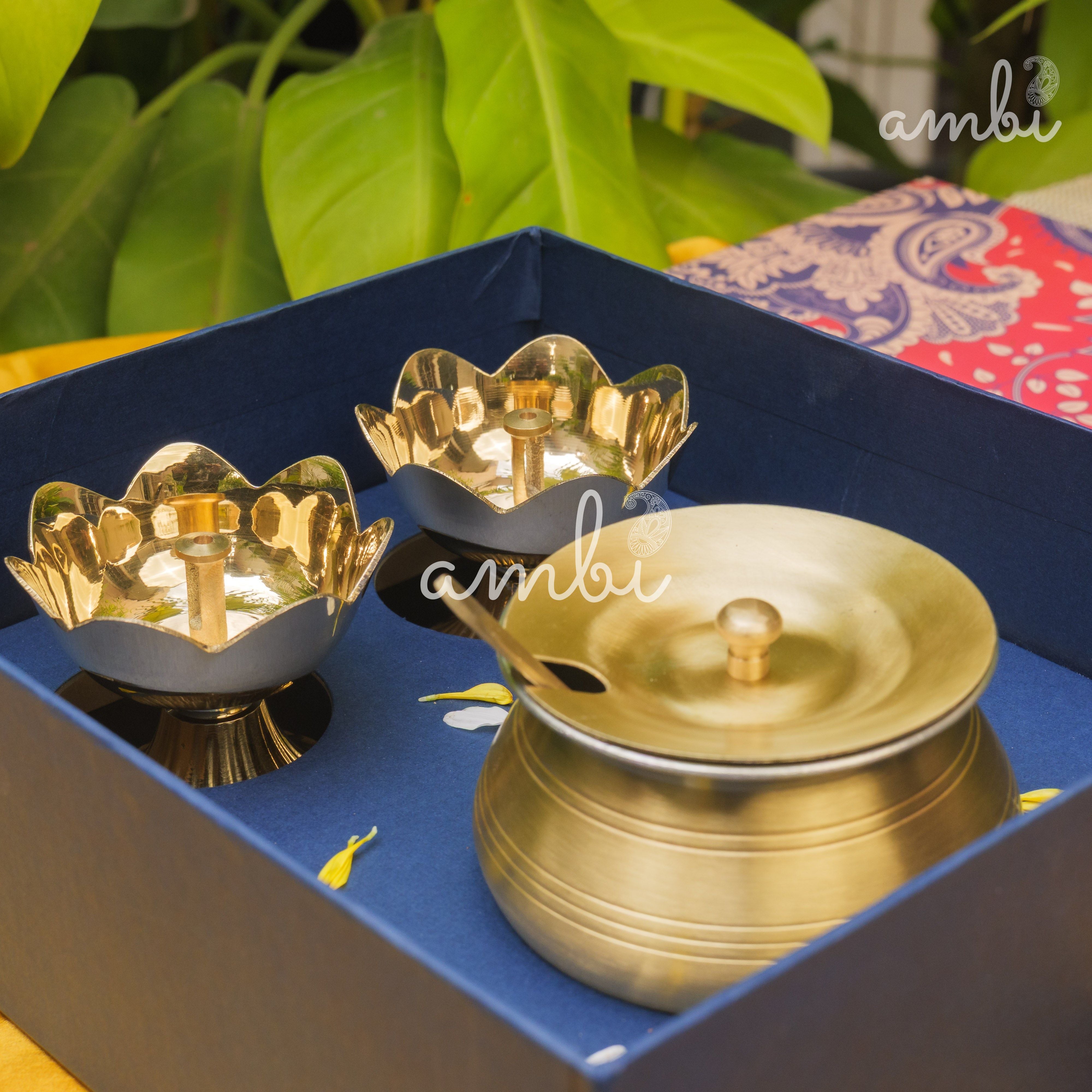 Ambi Gift of Purity (Lotus Diyas): 1 Pure Brass Ghee Pot and 2 Pure Brass Lotus Diyas in a Gift Box