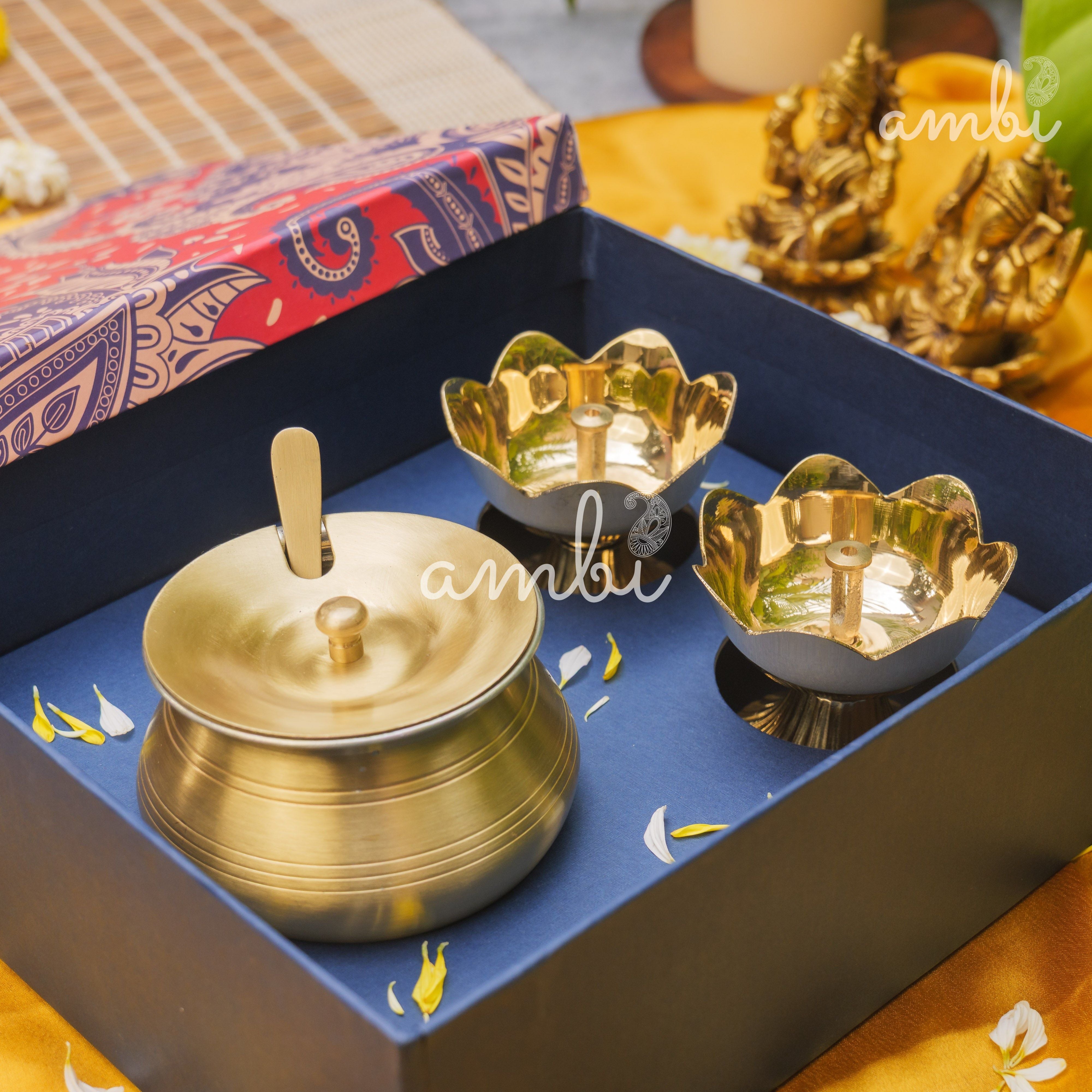 Ambi Gift of Purity (Lotus Diyas): 1 Pure Brass Ghee Pot and 2 Pure Brass Lotus Diyas in a Gift Box