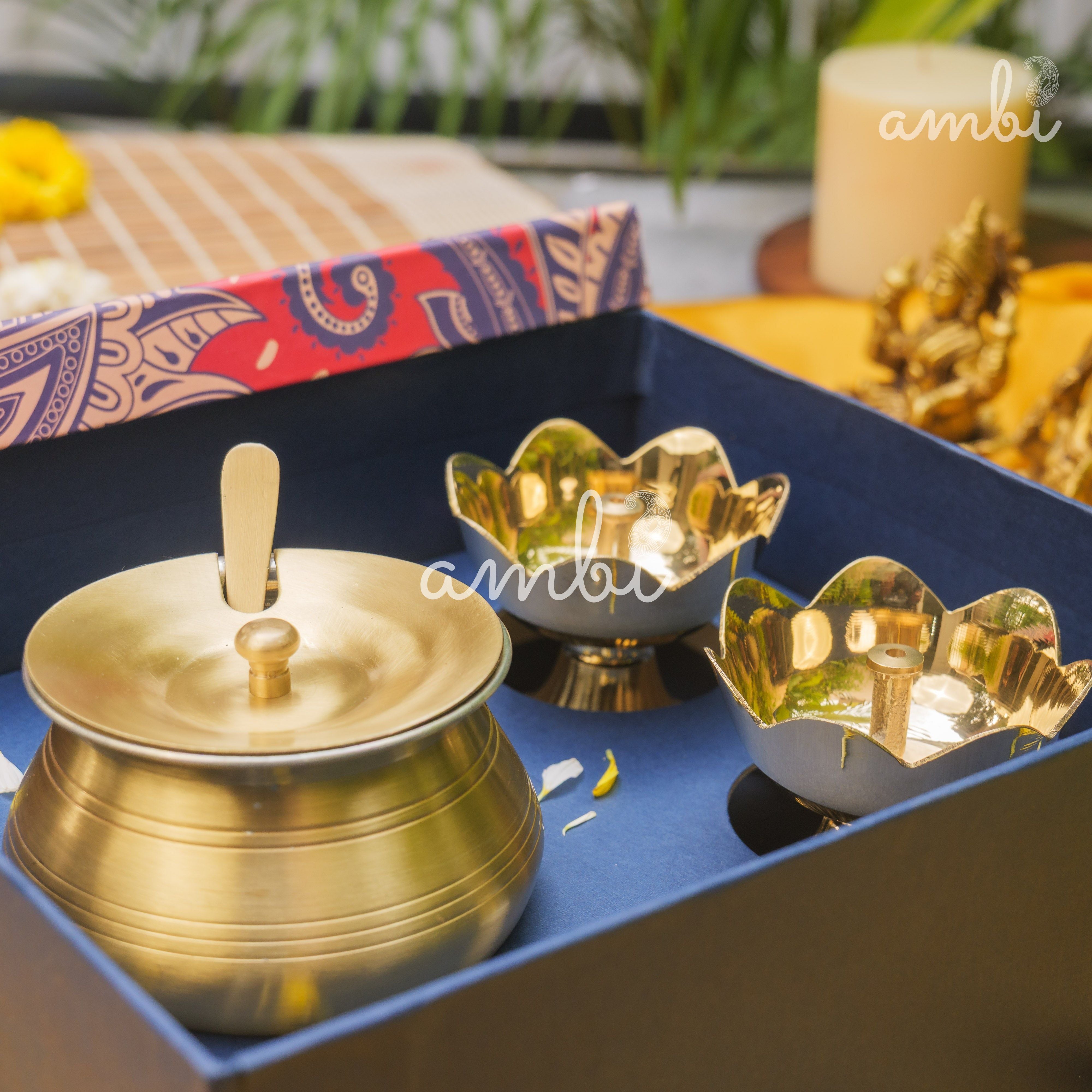 Ambi Gift of Purity (Lotus Diyas): 1 Pure Brass Ghee Pot and 2 Pure Brass Lotus Diyas in a Gift Box