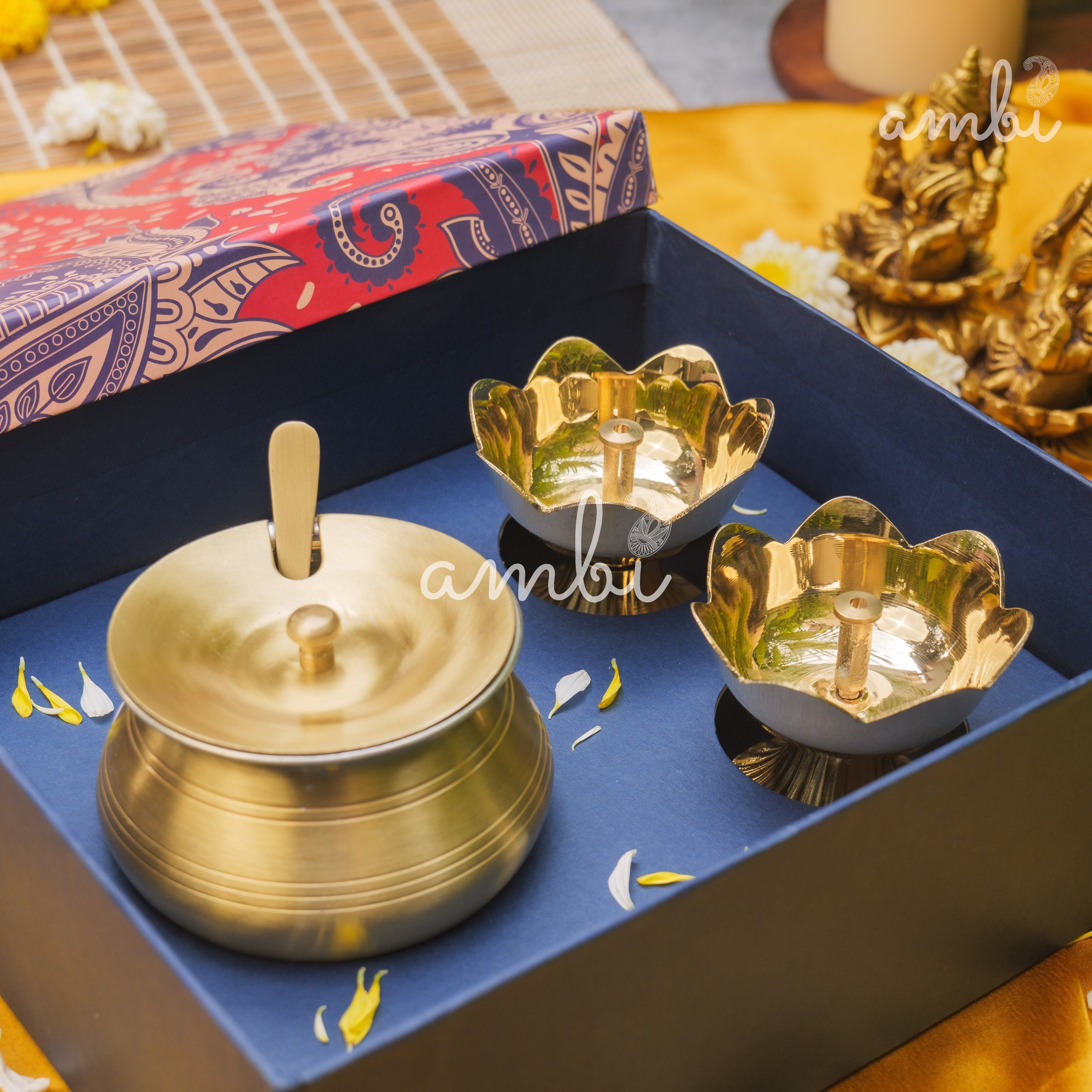 Ambi Gift of Purity (Lotus Diyas): 1 Pure Brass Ghee Pot and 2 Pure Brass Lotus Diyas in a Gift Box