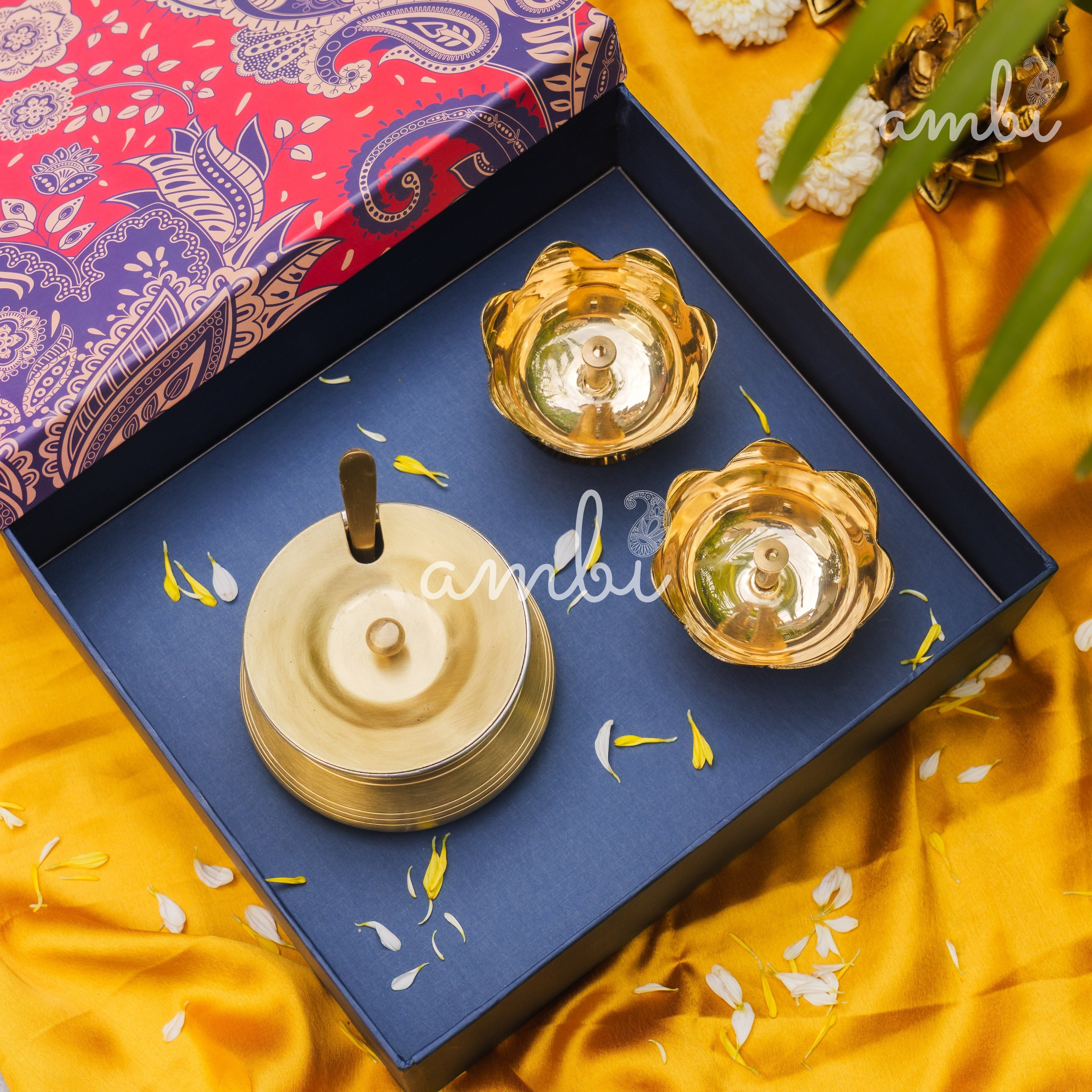 Ambi Gift of Purity (Lotus Diyas): 1 Pure Brass Ghee Pot and 2 Pure Brass Lotus Diyas in a Gift Box