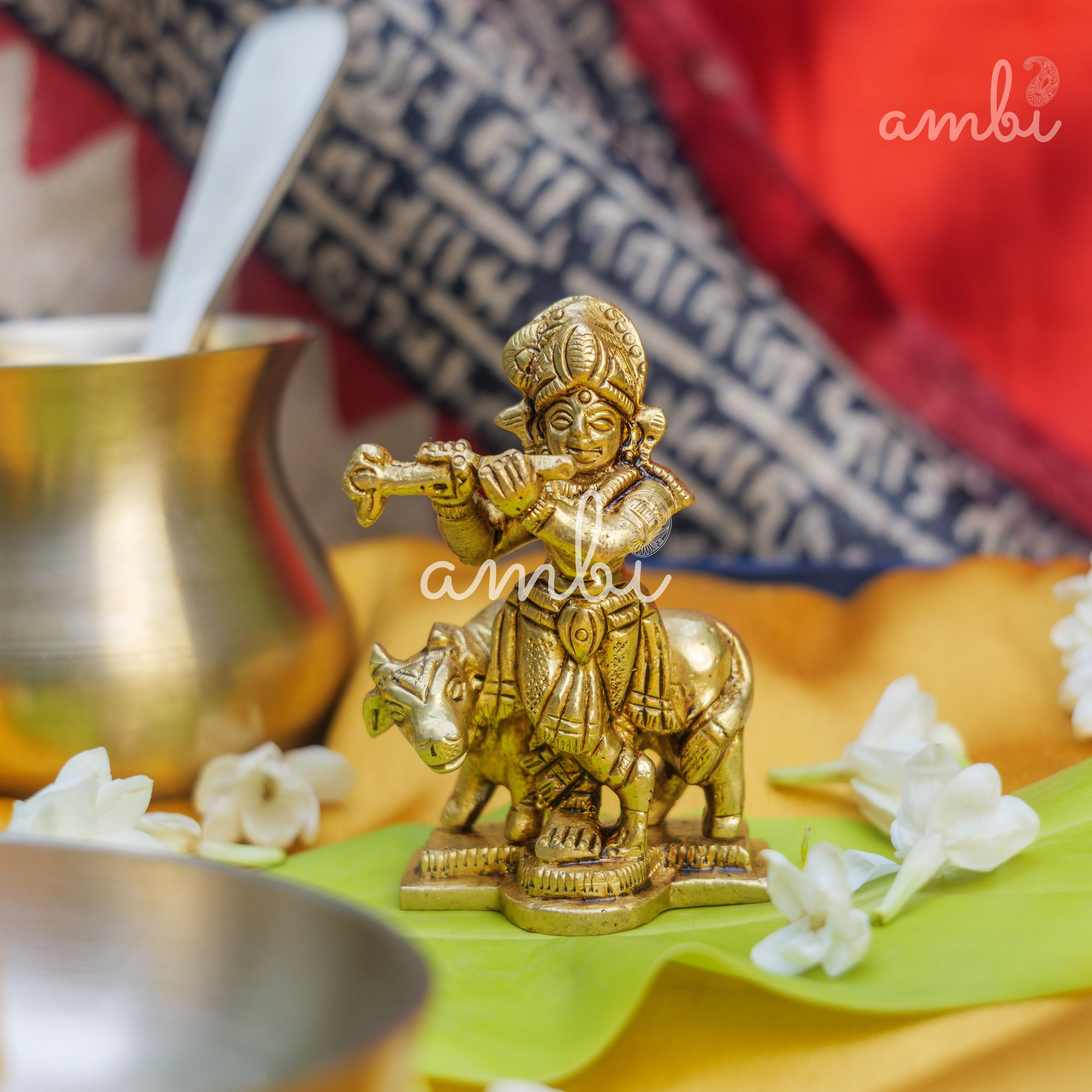 Pure Brass Lord Krishna Idol with Nandi - 2.75 inch height