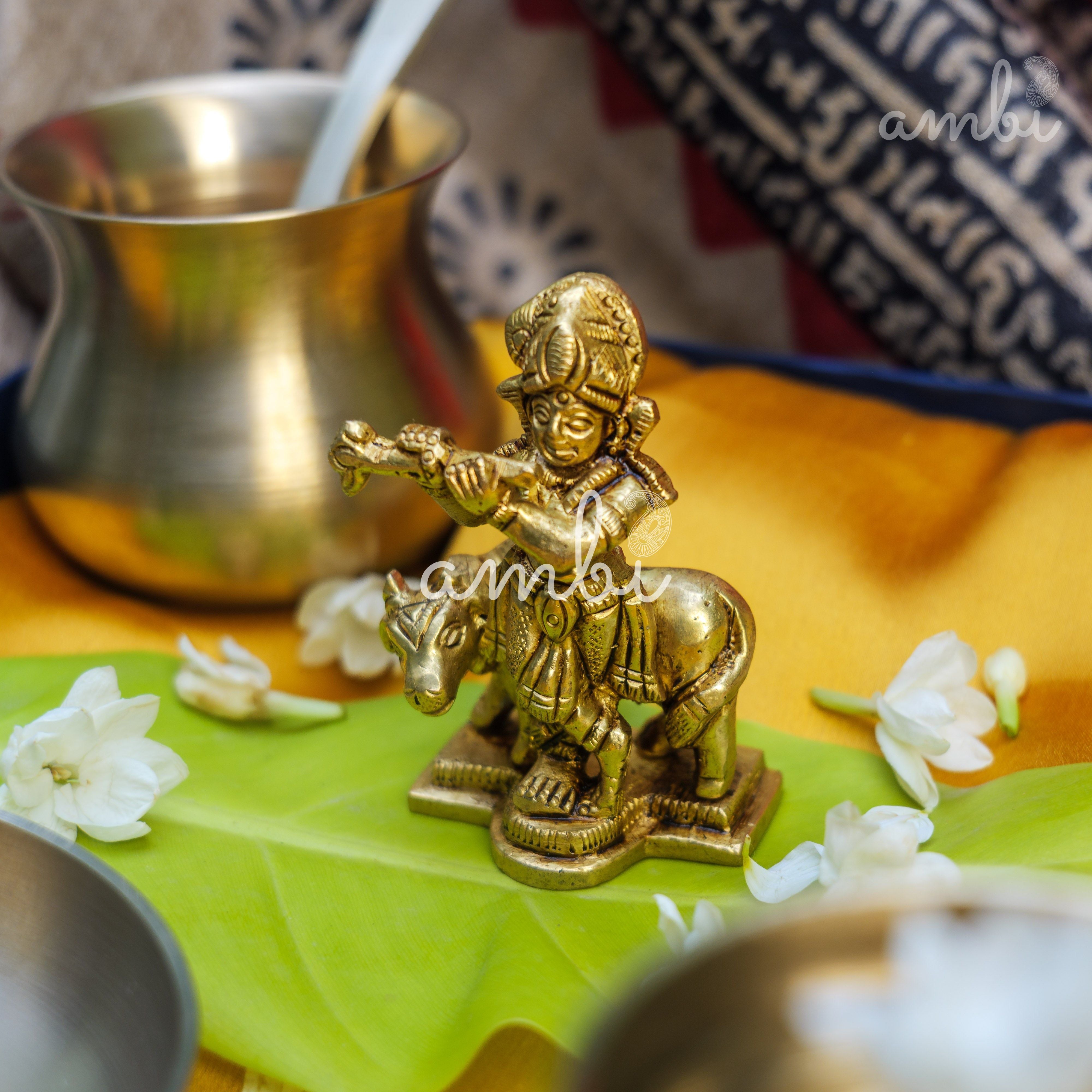 Pure Brass Lord Krishna Idol with Nandi - 2.75 inch height