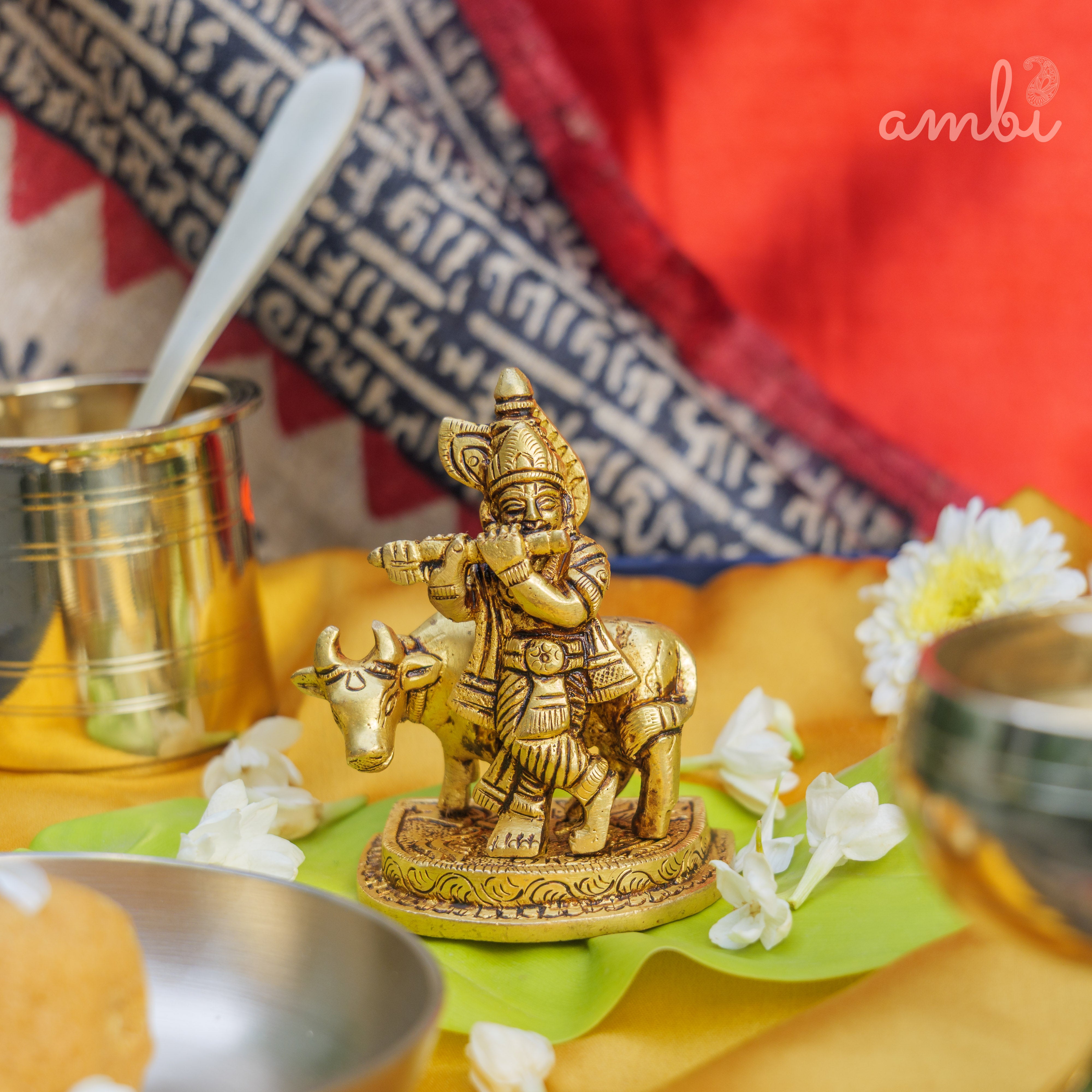 Pure Brass Lord Krishna Idol with Nandi - 3.5 inch height