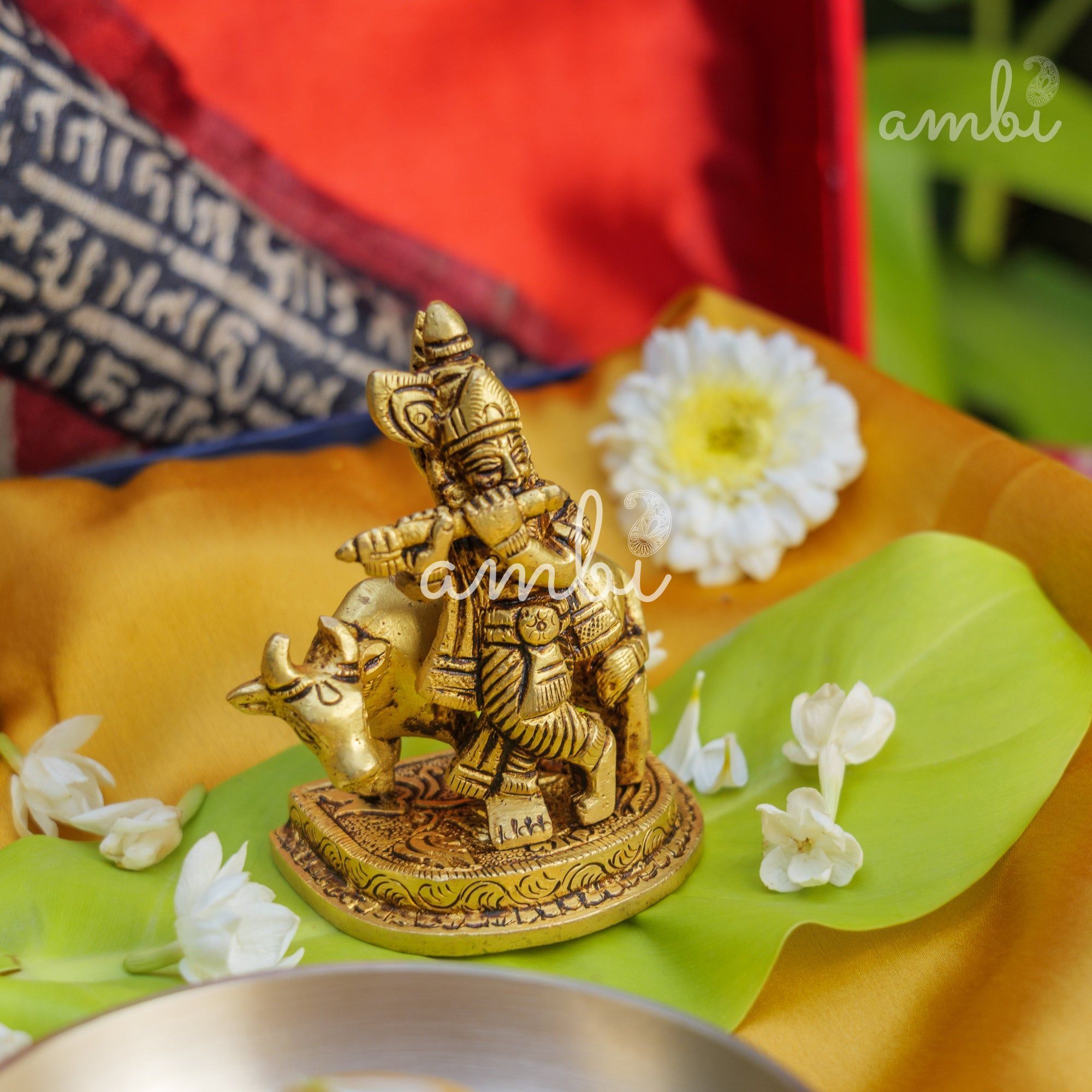 Pure Brass Lord Krishna Idol with Nandi - 3.5 inch height