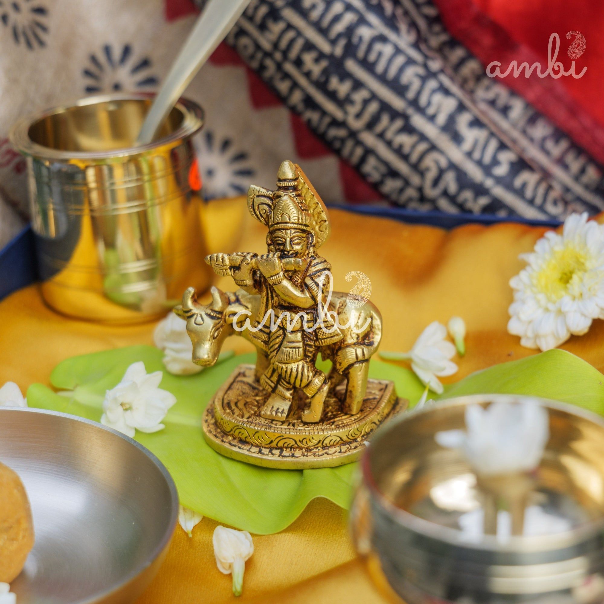 Pure Brass Lord Krishna Idol with Nandi - 3.5 inch height