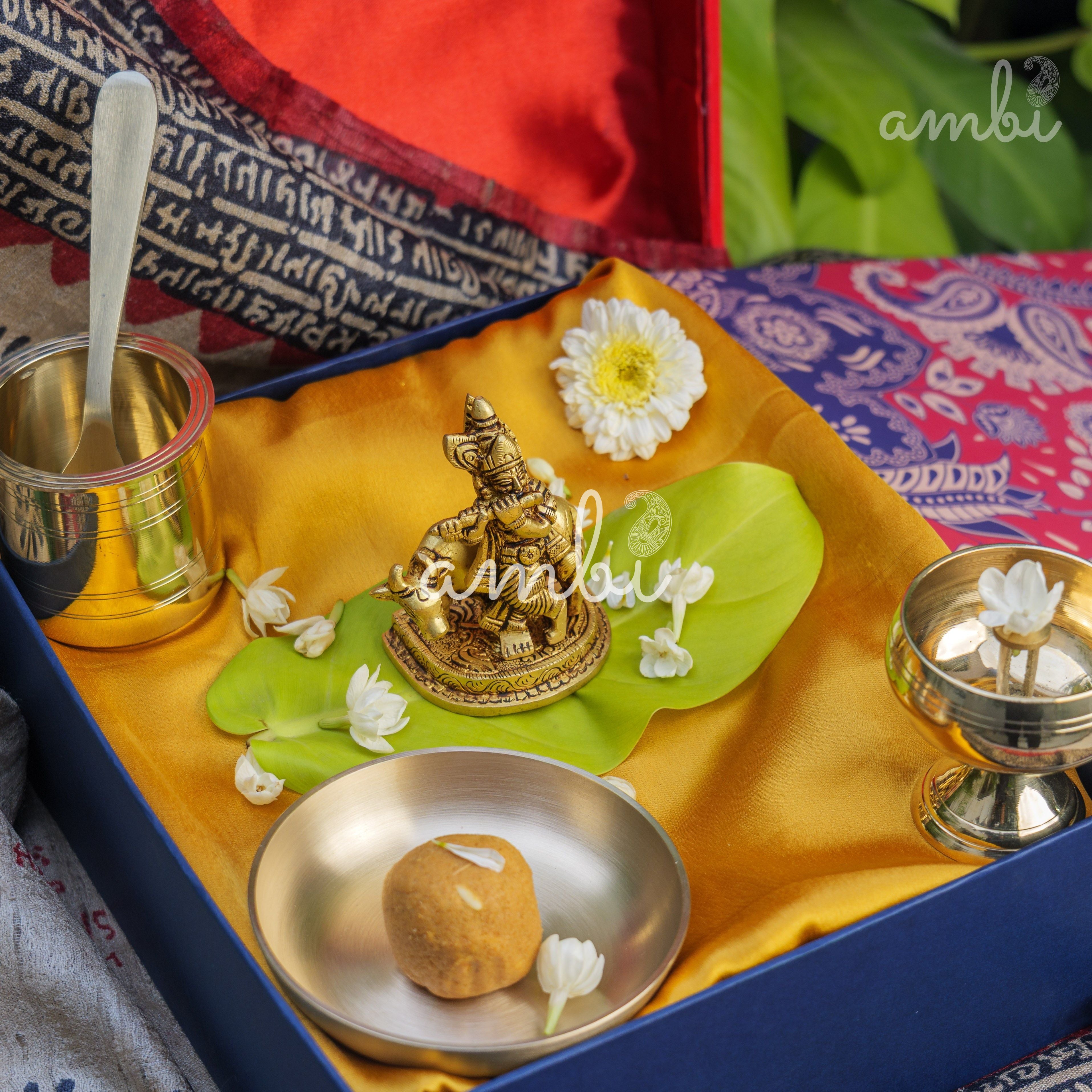 Pure Brass Lord Krishna Idol with Nandi - 3.5 inch height