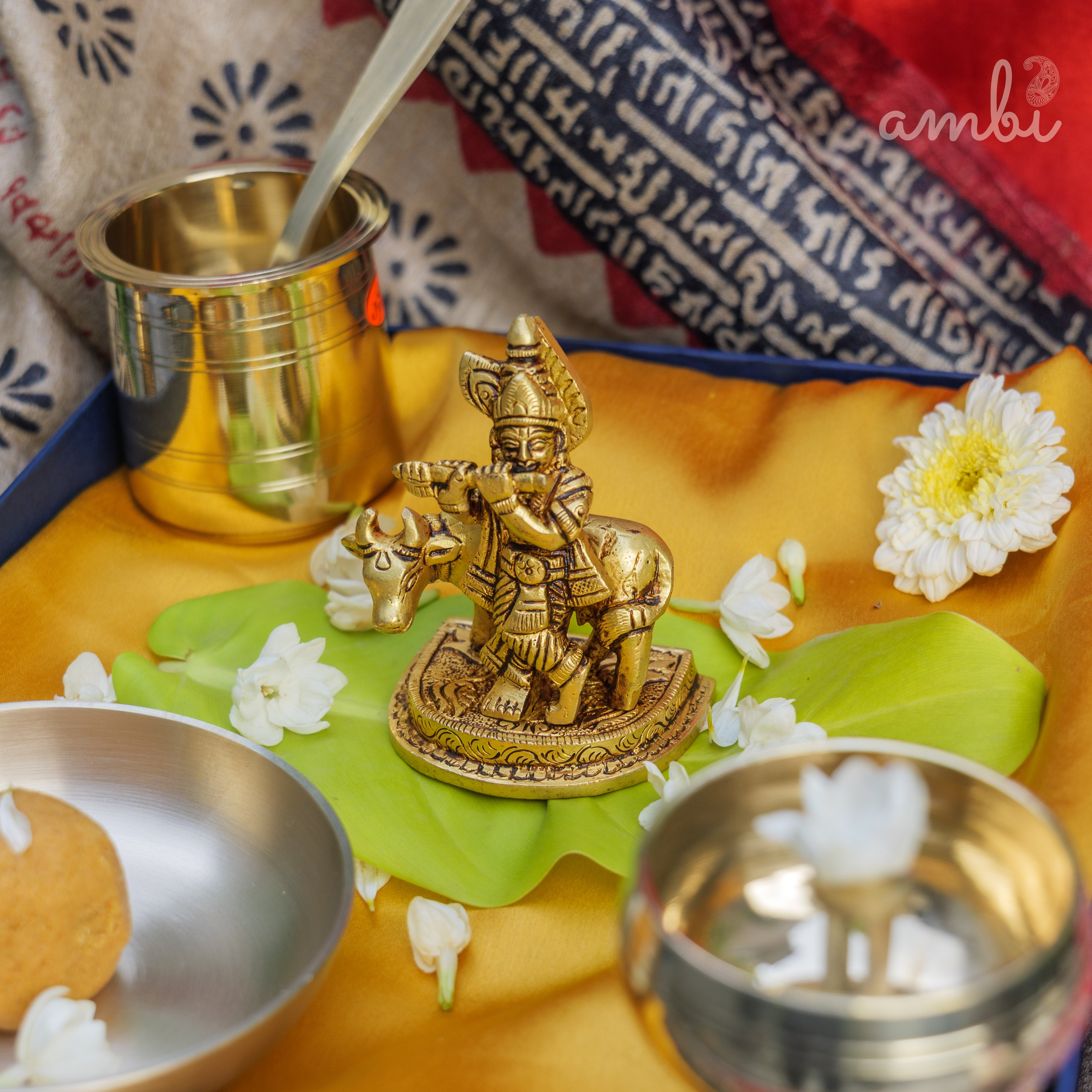 Pure Brass Lord Krishna Idol with Nandi - 3.5 inch height