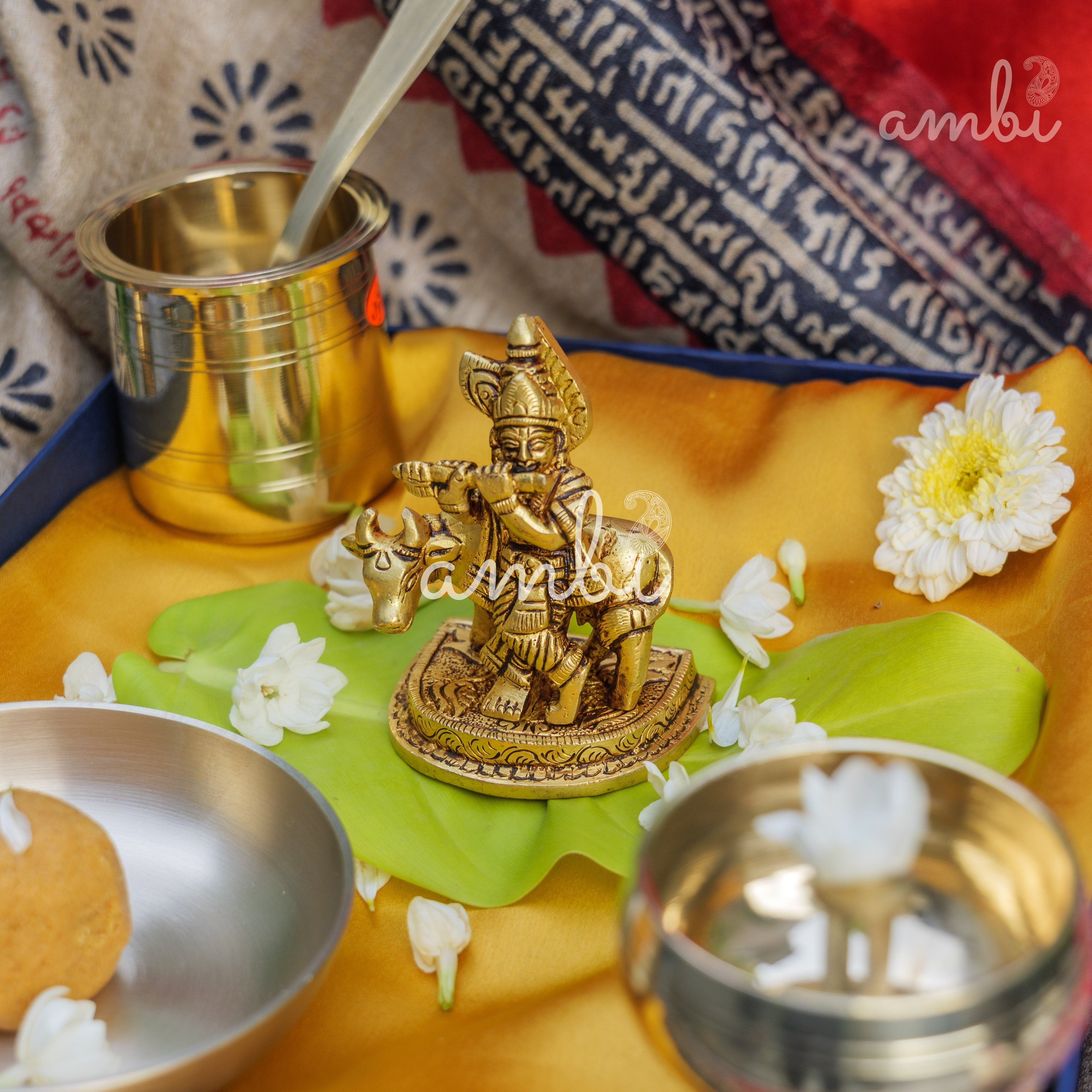 Pure Brass Lord Krishna Idol with Nandi - 3.5 inch height