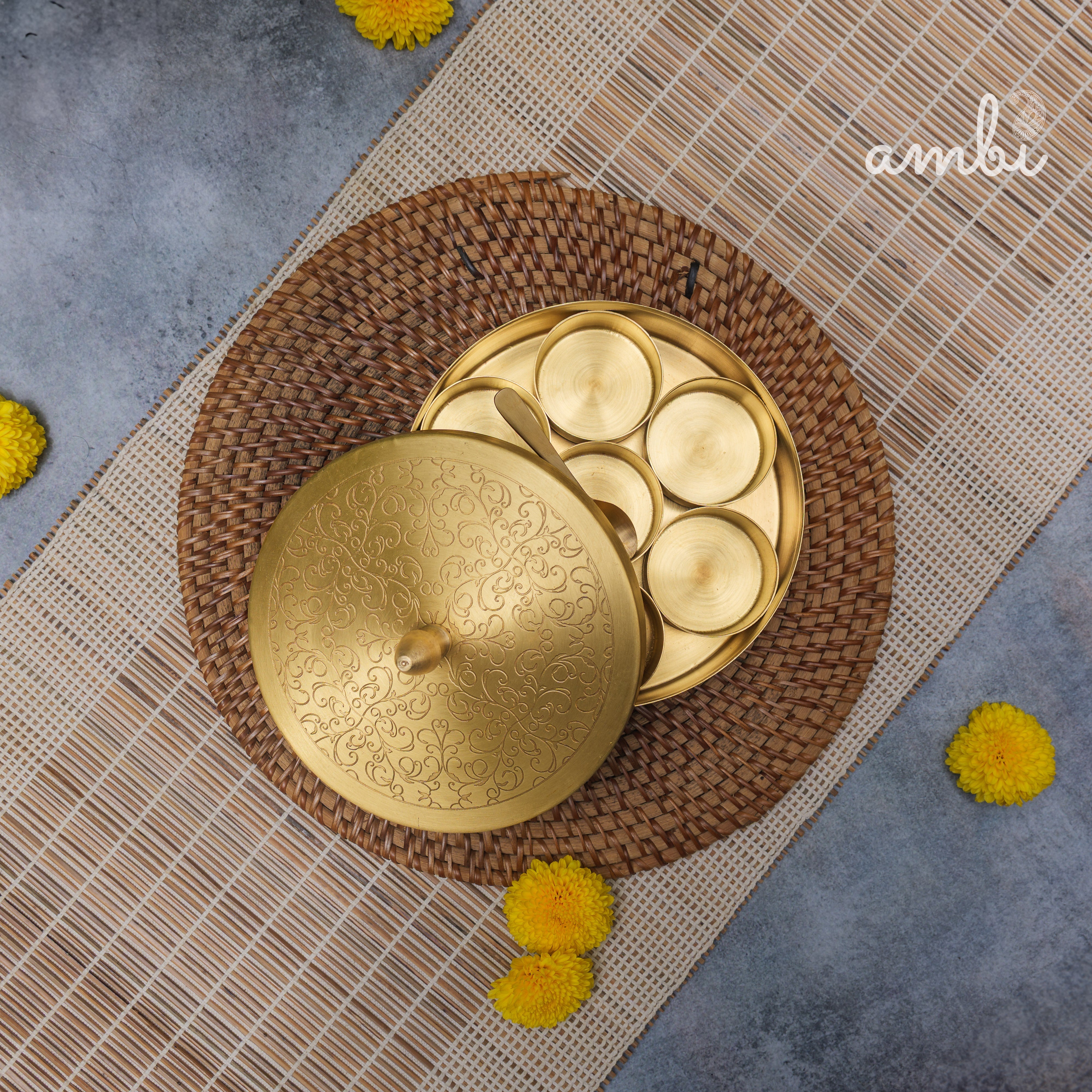 Brass Spice Box Masala Daani with Inlay Work with 6.5 Containers