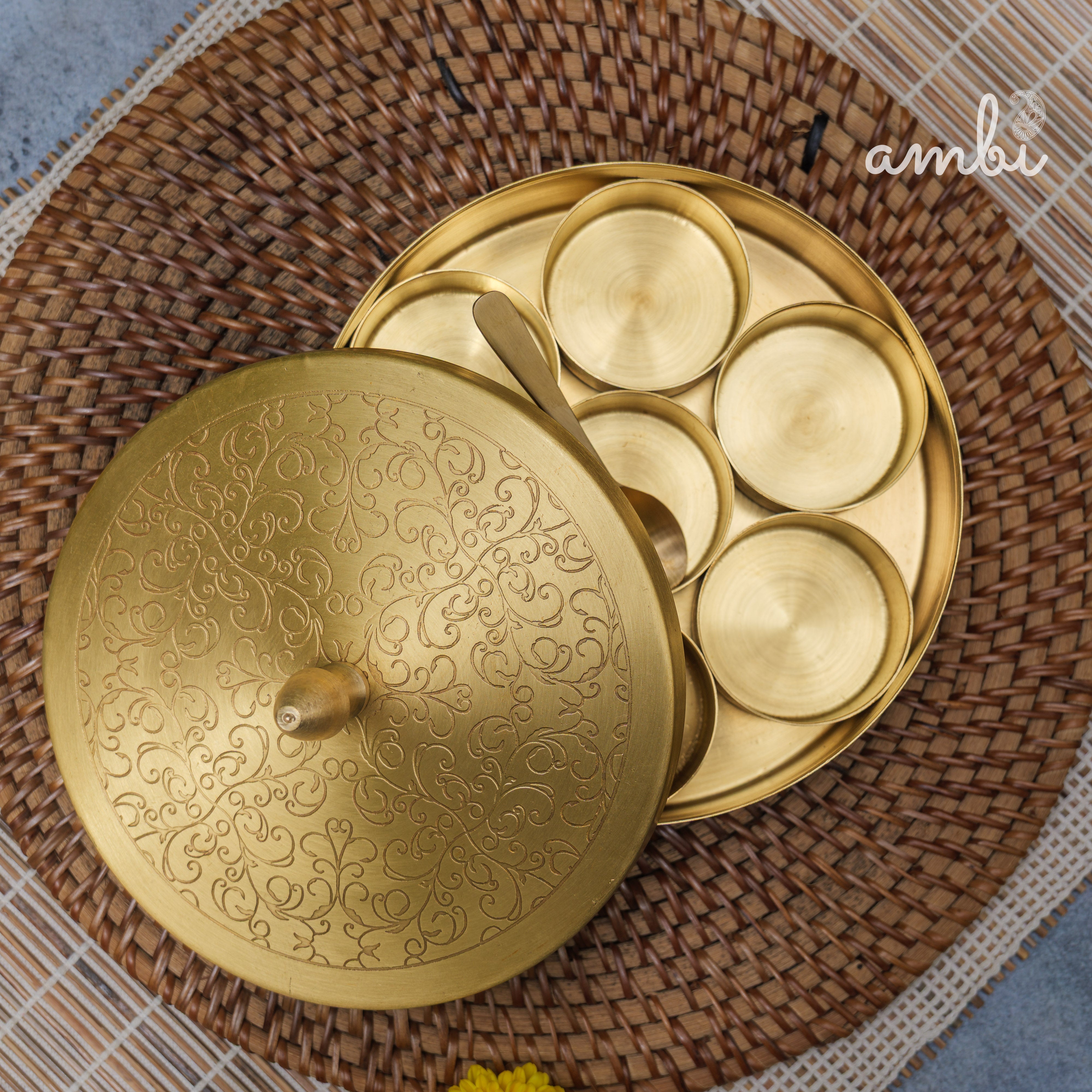 Brass Spice Box Masala Daani with Inlay Work with 6.5 Containers