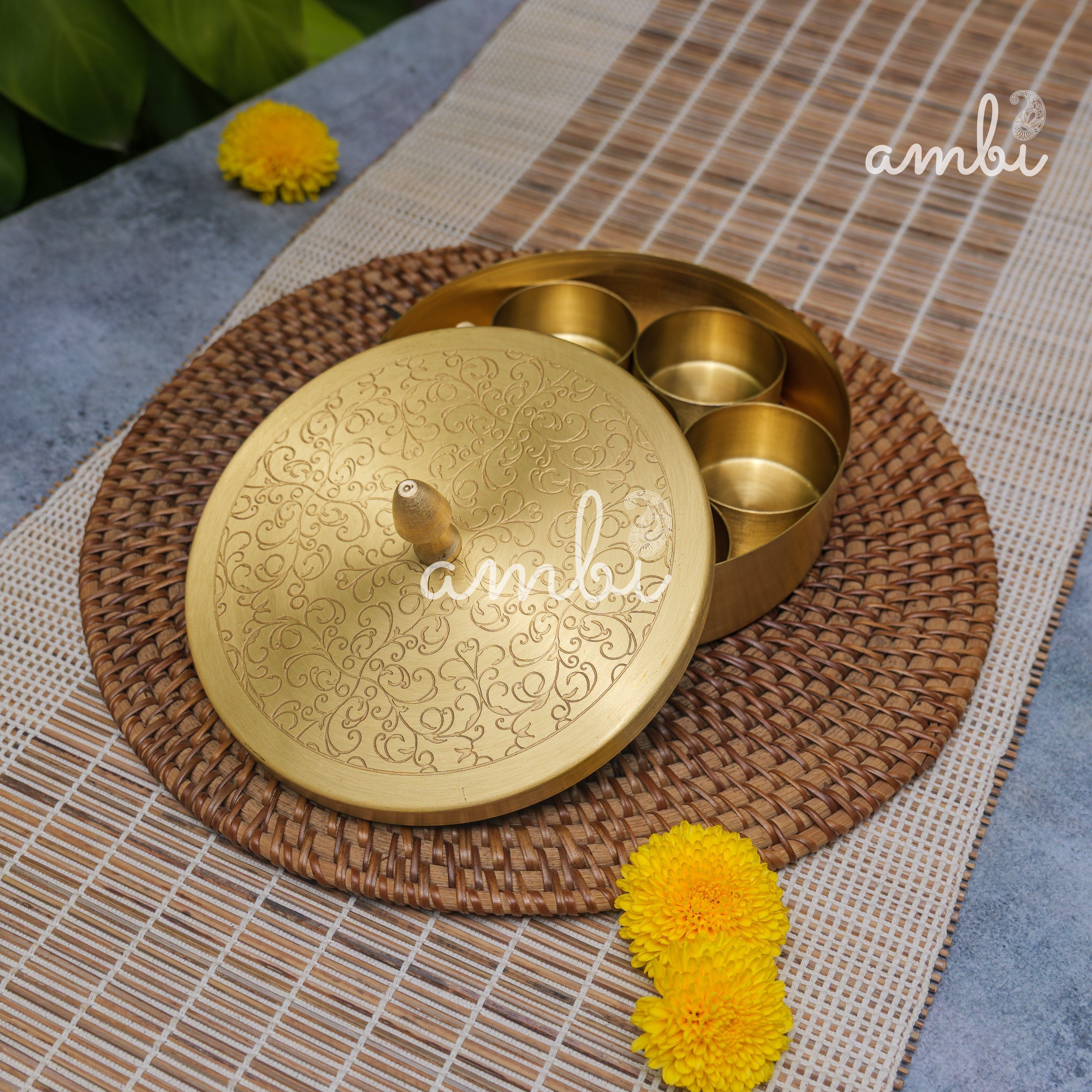 Brass Spice Box Masala Daani with Inlay Work with 6.5 Containers