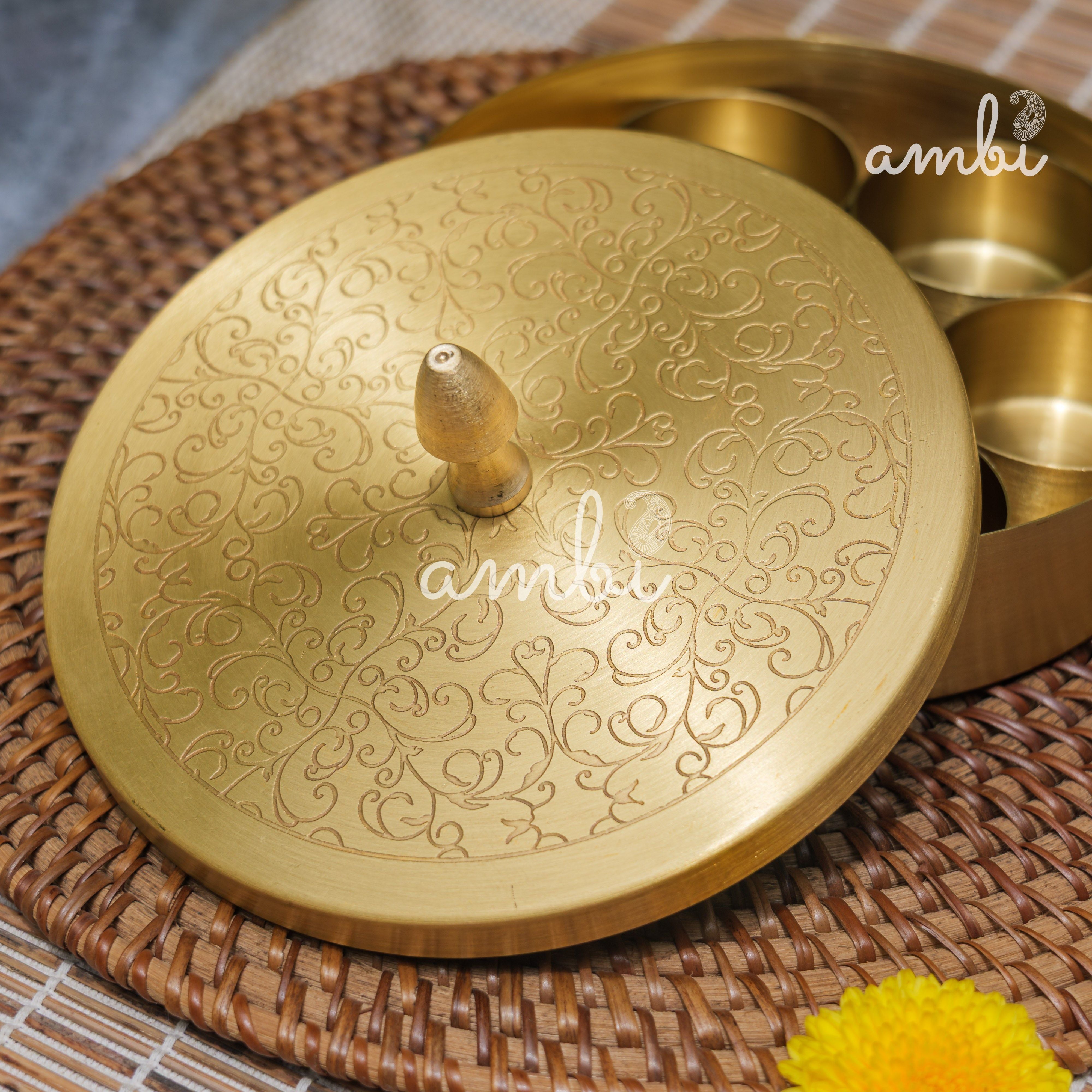 Brass Spice Box Masala Daani with Inlay Work with 6.5 Containers