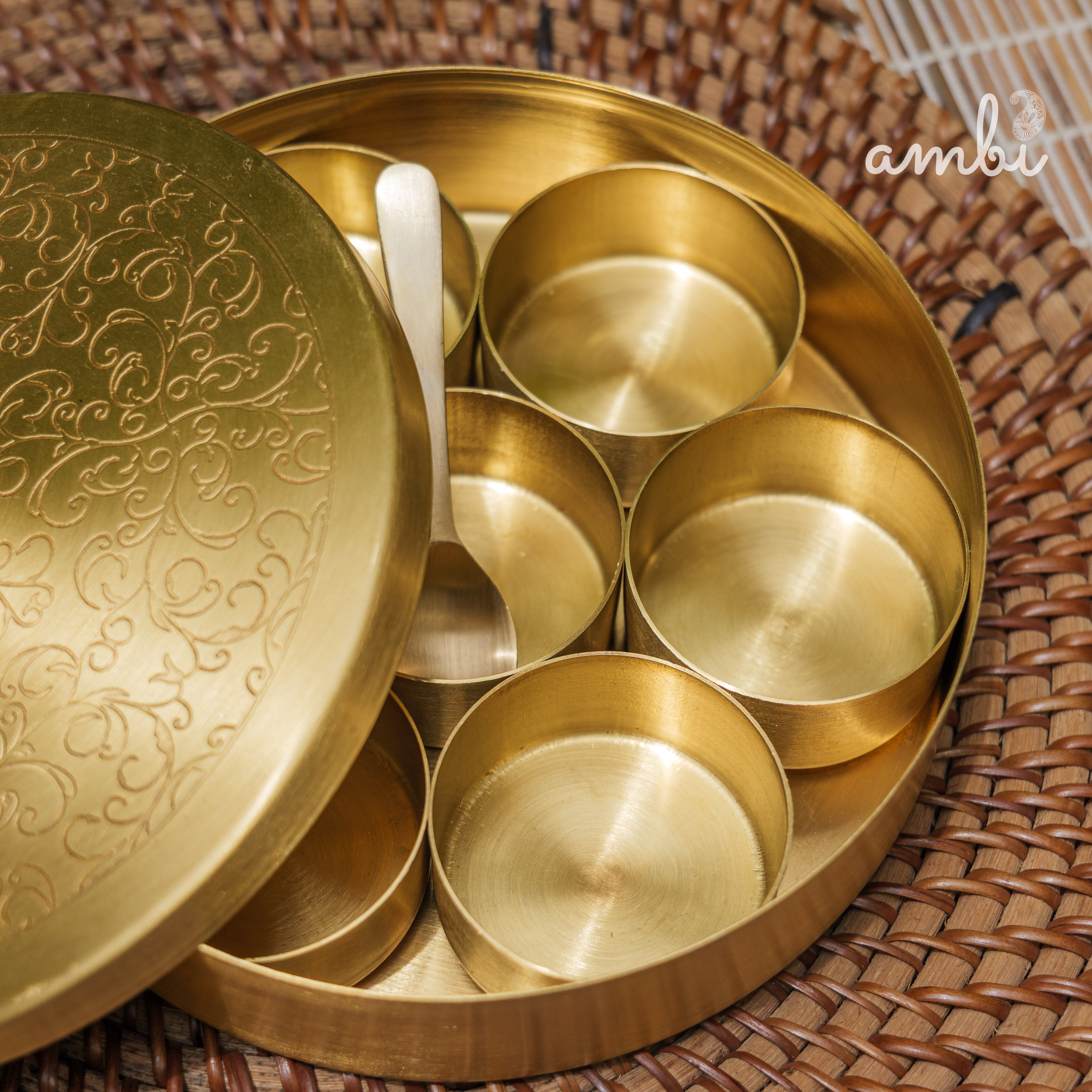 Brass Spice Box Masala Daani with Inlay Work with 6.5 Containers