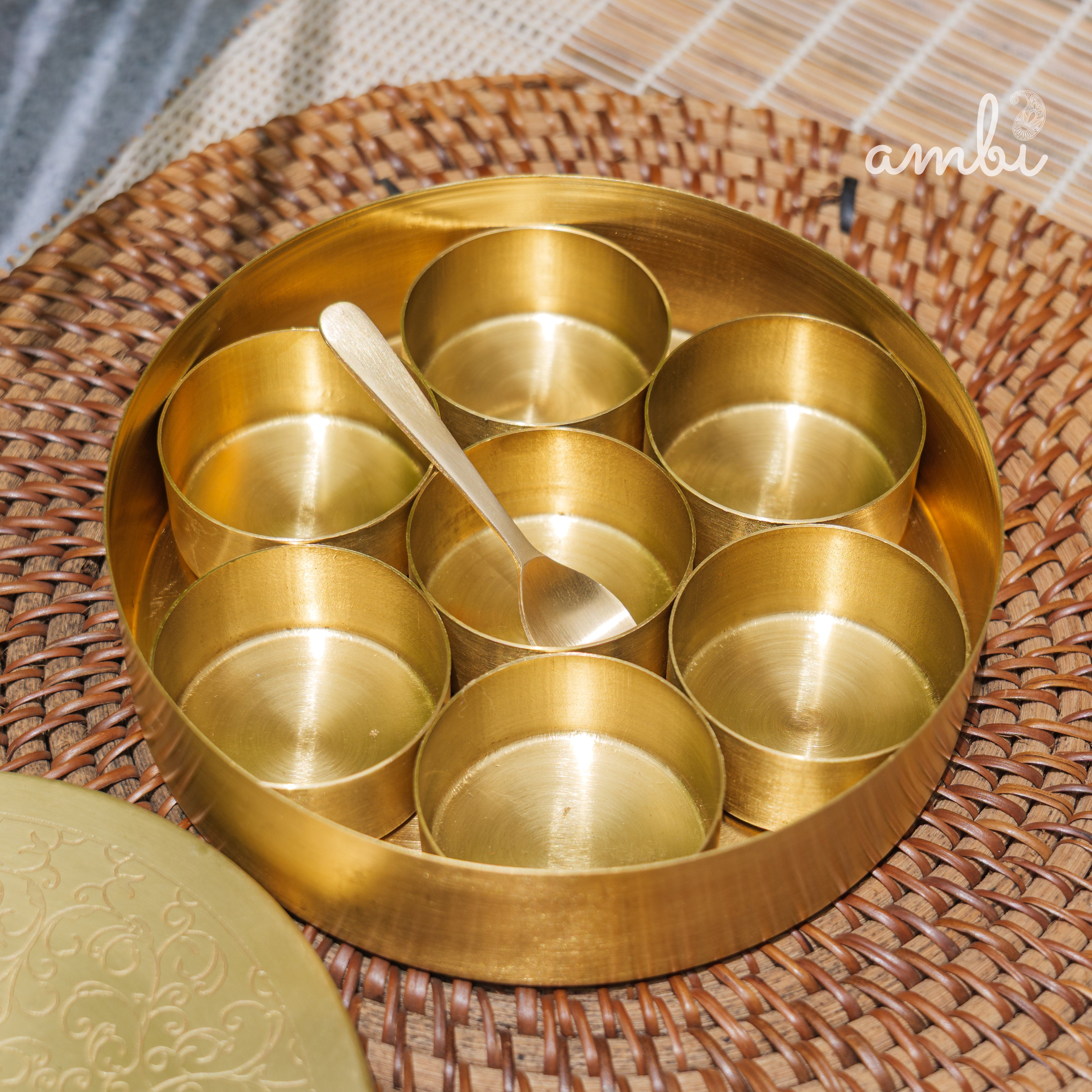 Brass Spice Box Masala Daani with Inlay Work with 6.5 Containers