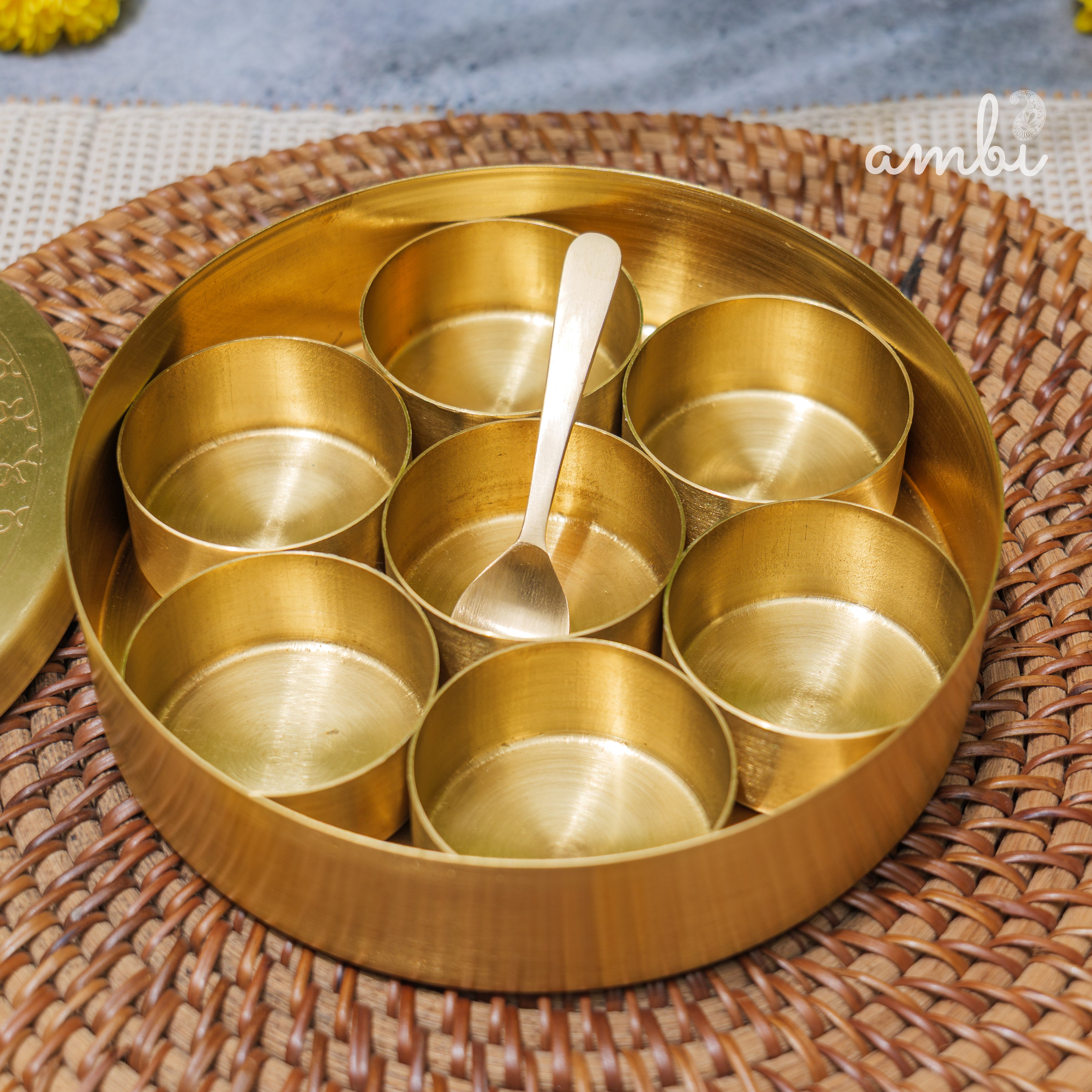 Brass Spice Box Masala Daani with Inlay Work with 7 Containers