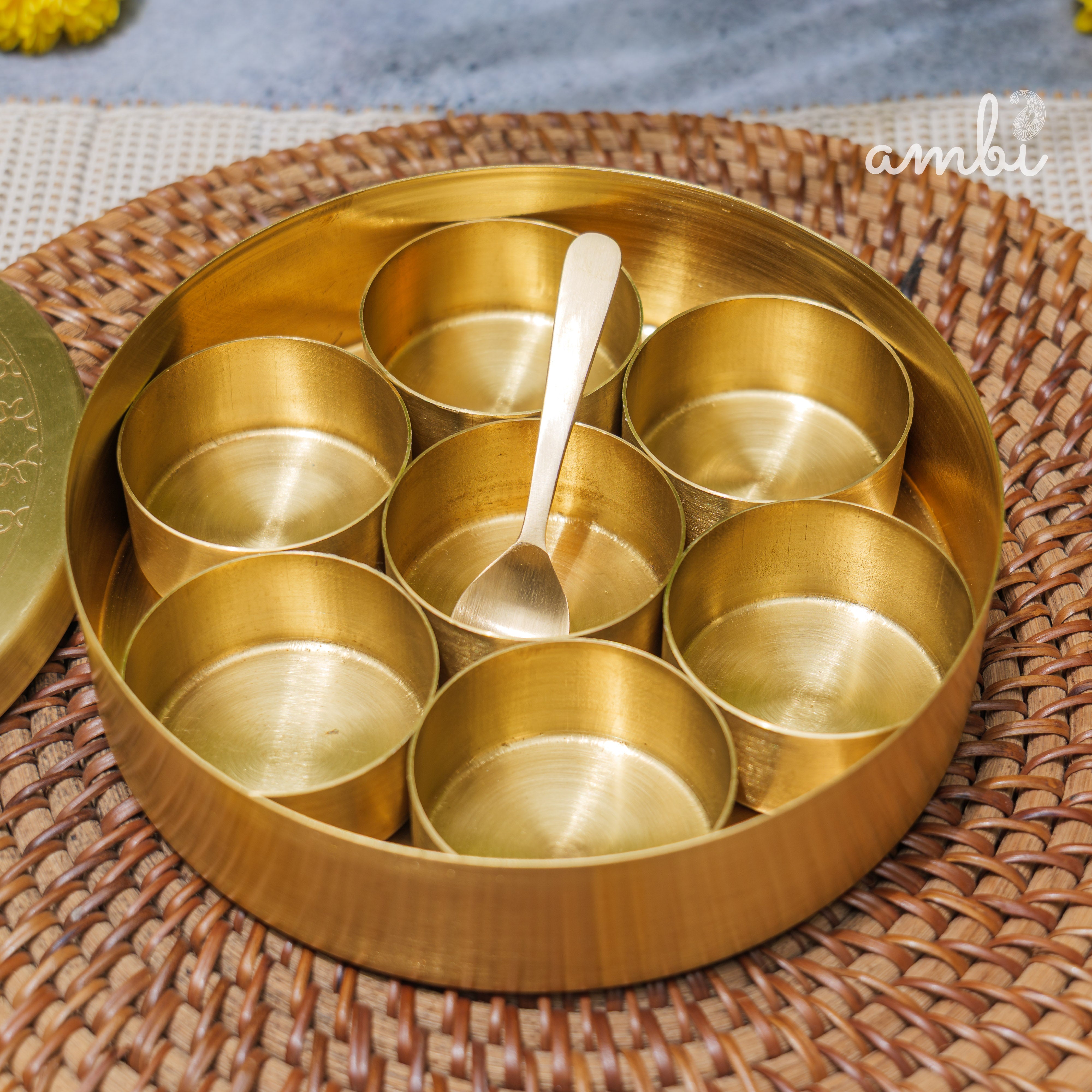 Brass Spice Box Masala Daani with Inlay Work with 6.5 Containers