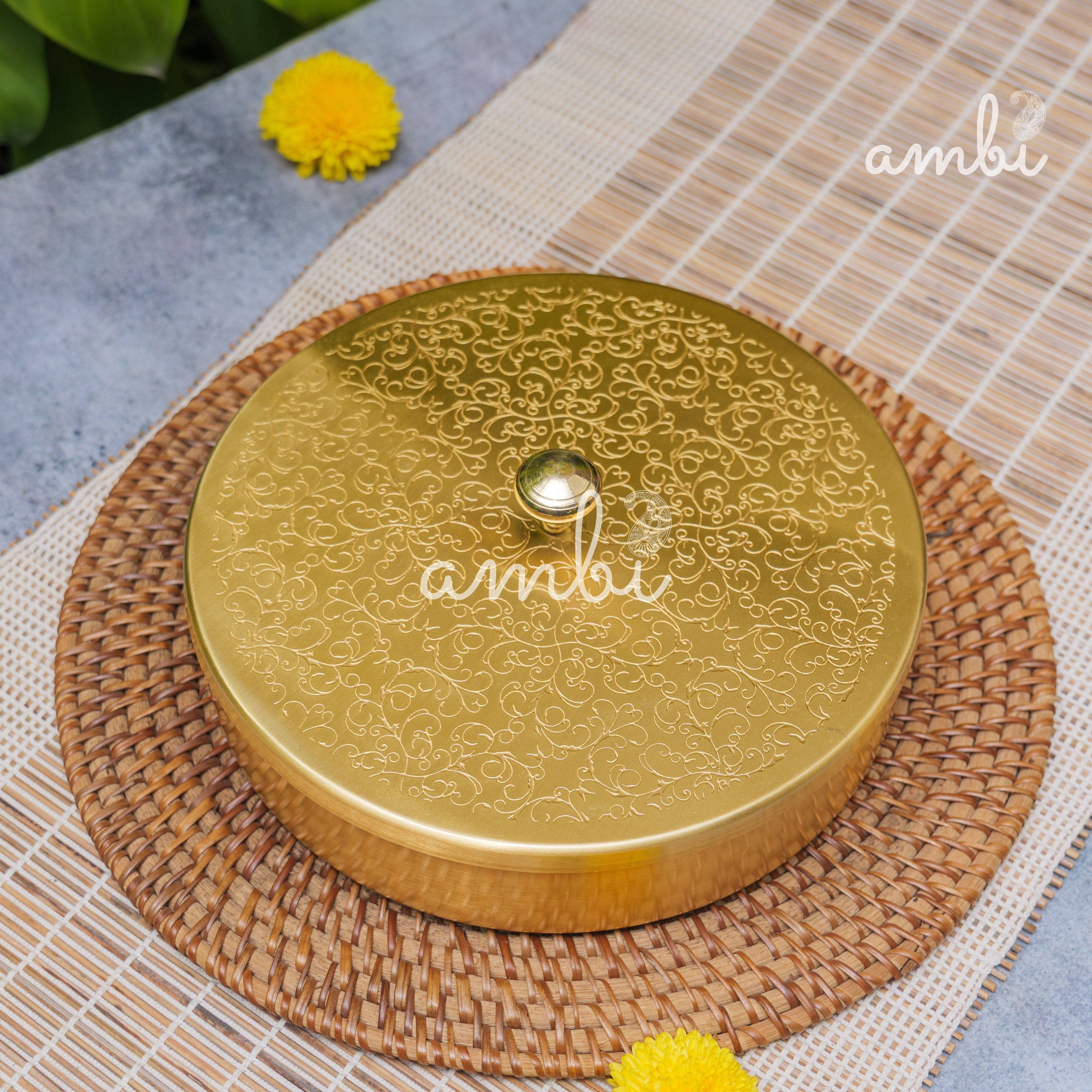 Brass Spice Box Masala Daani with Inlay Work with 7 Containers - Heavy Make