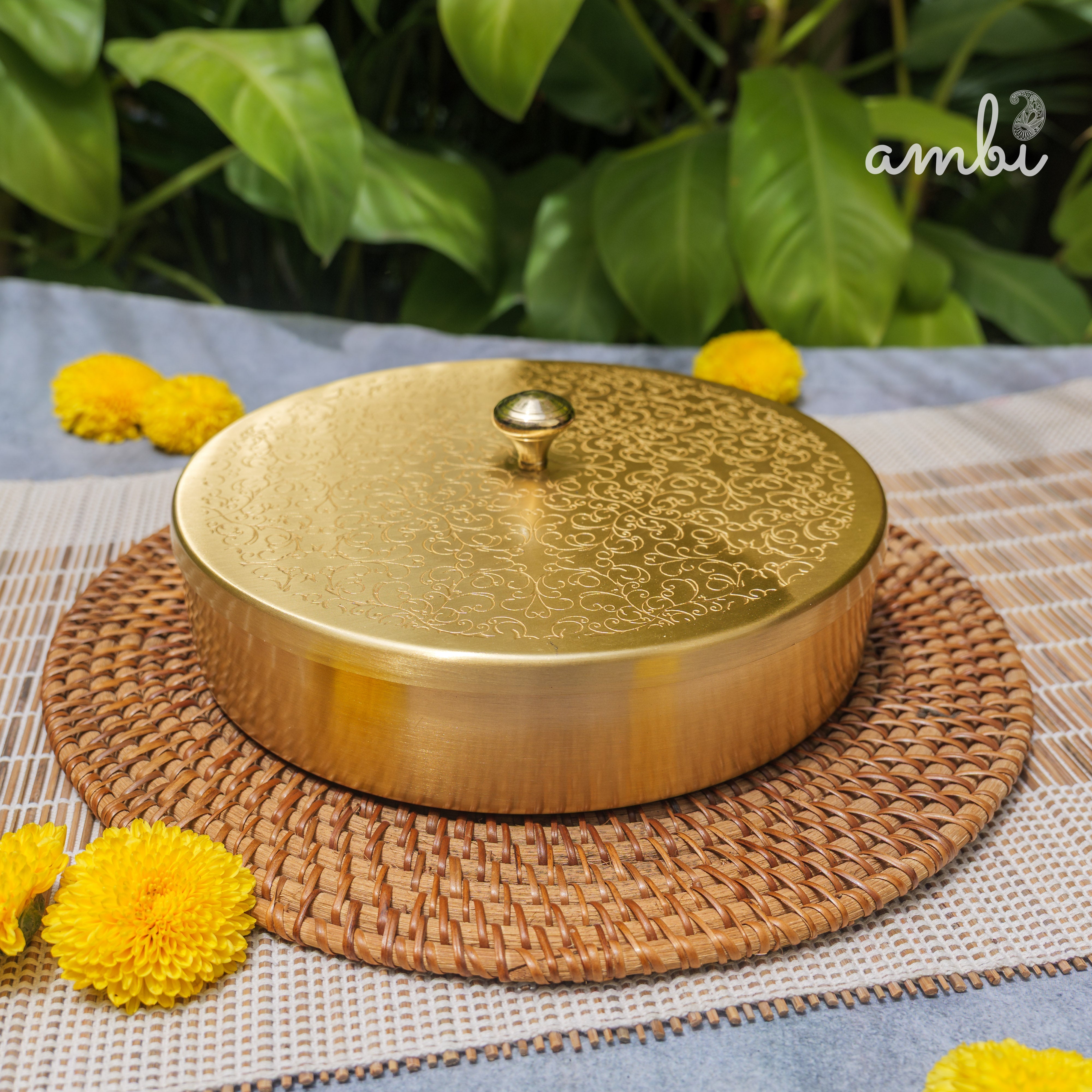 Brass Spice Box Masala Daani with Inlay Work with 7 Containers - Heavy Make