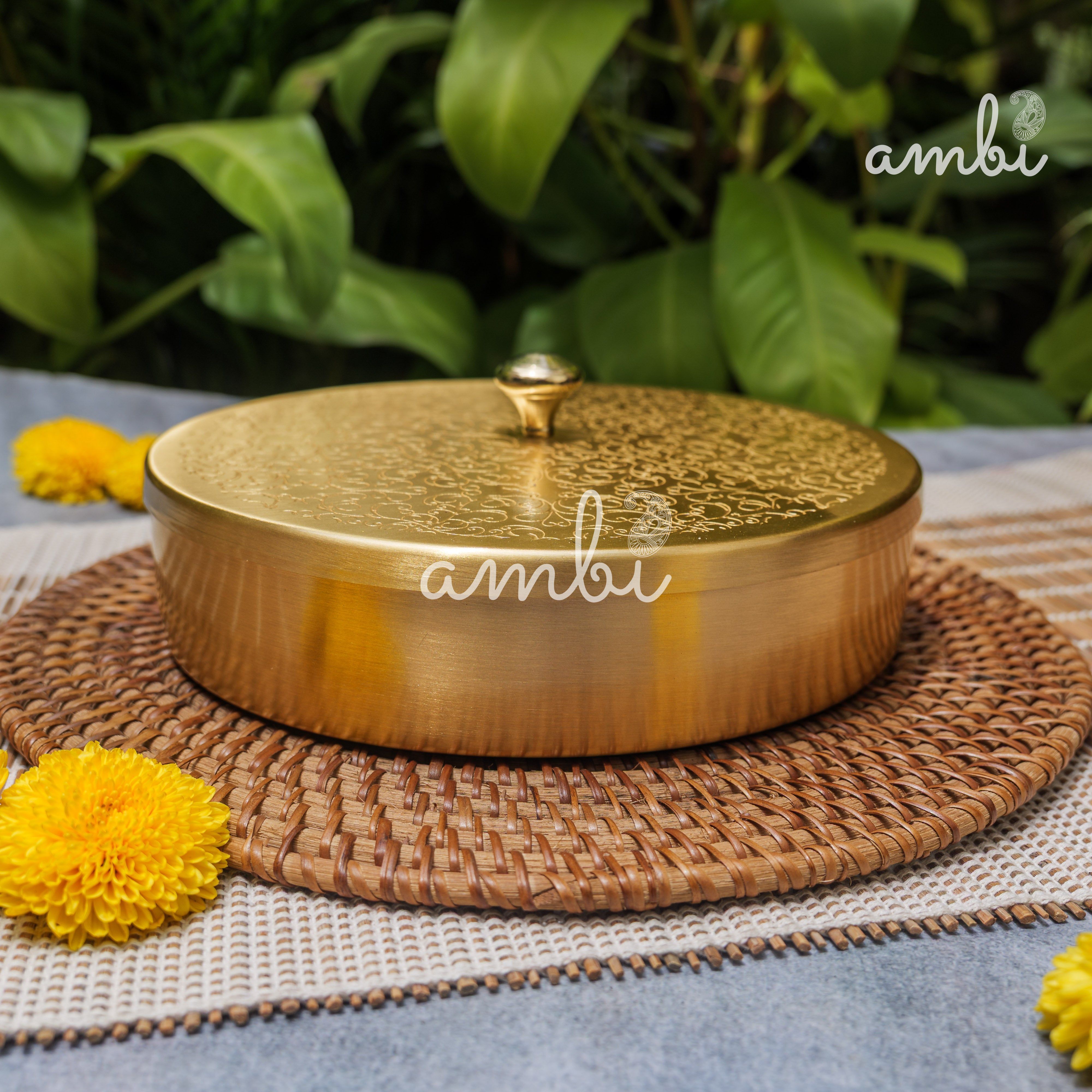 Brass Spice Box Masala Daani with Inlay Work with 7 Containers - Heavy Make