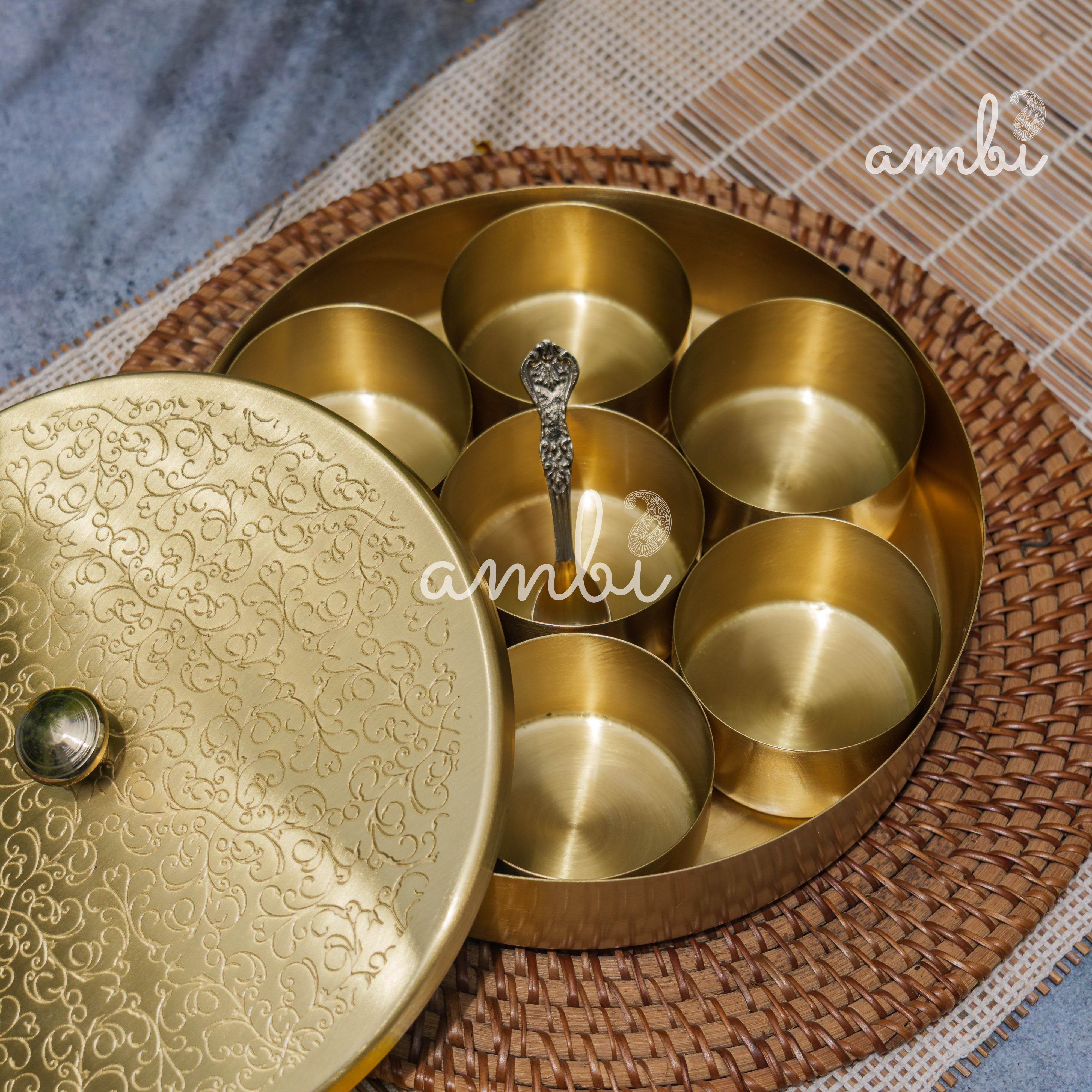 Brass Spice Box Masala Daani with Inlay Work with 7 Containers - Heavy Make