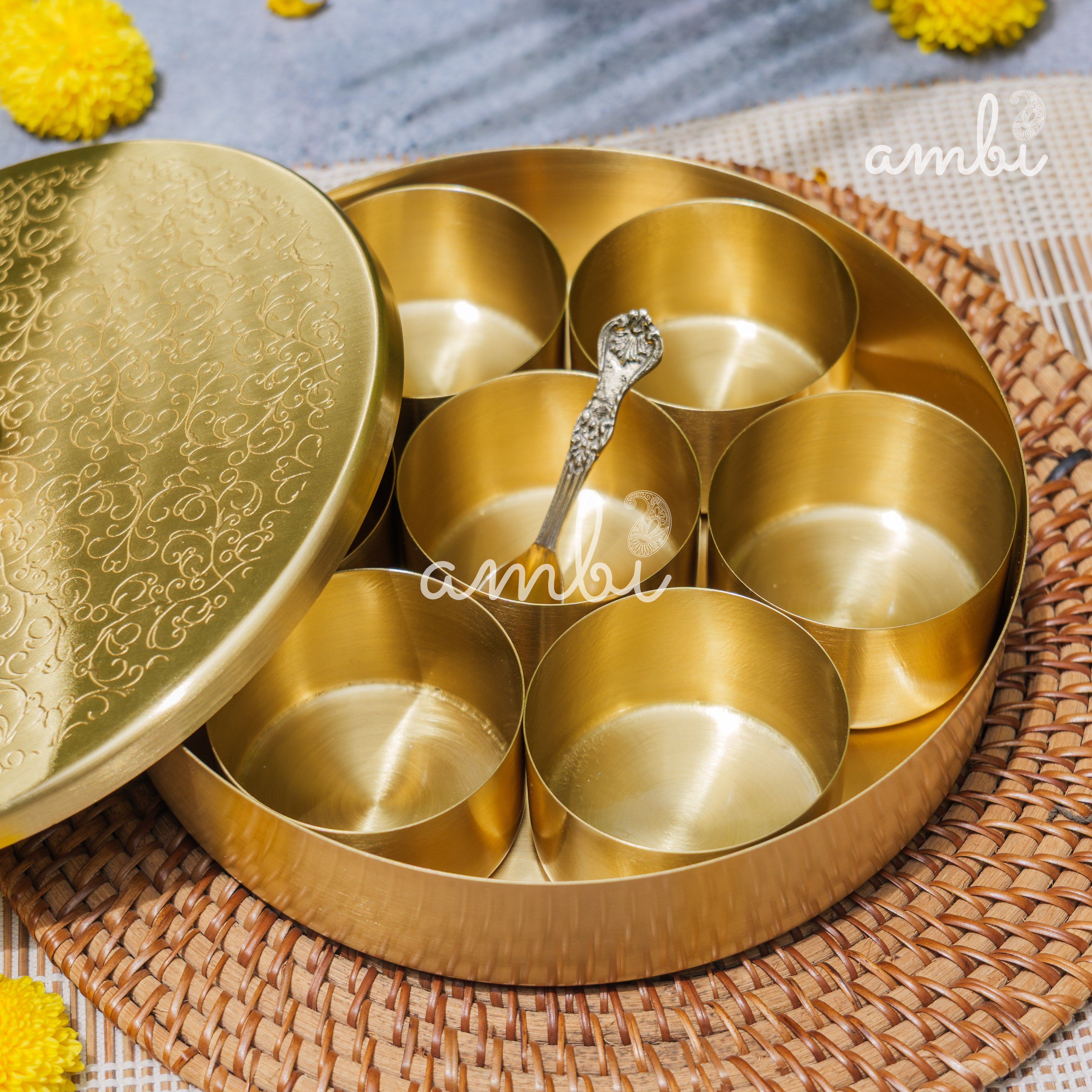 Brass Spice Box Masala Daani with Inlay Work with 7 Containers - Heavy Make
