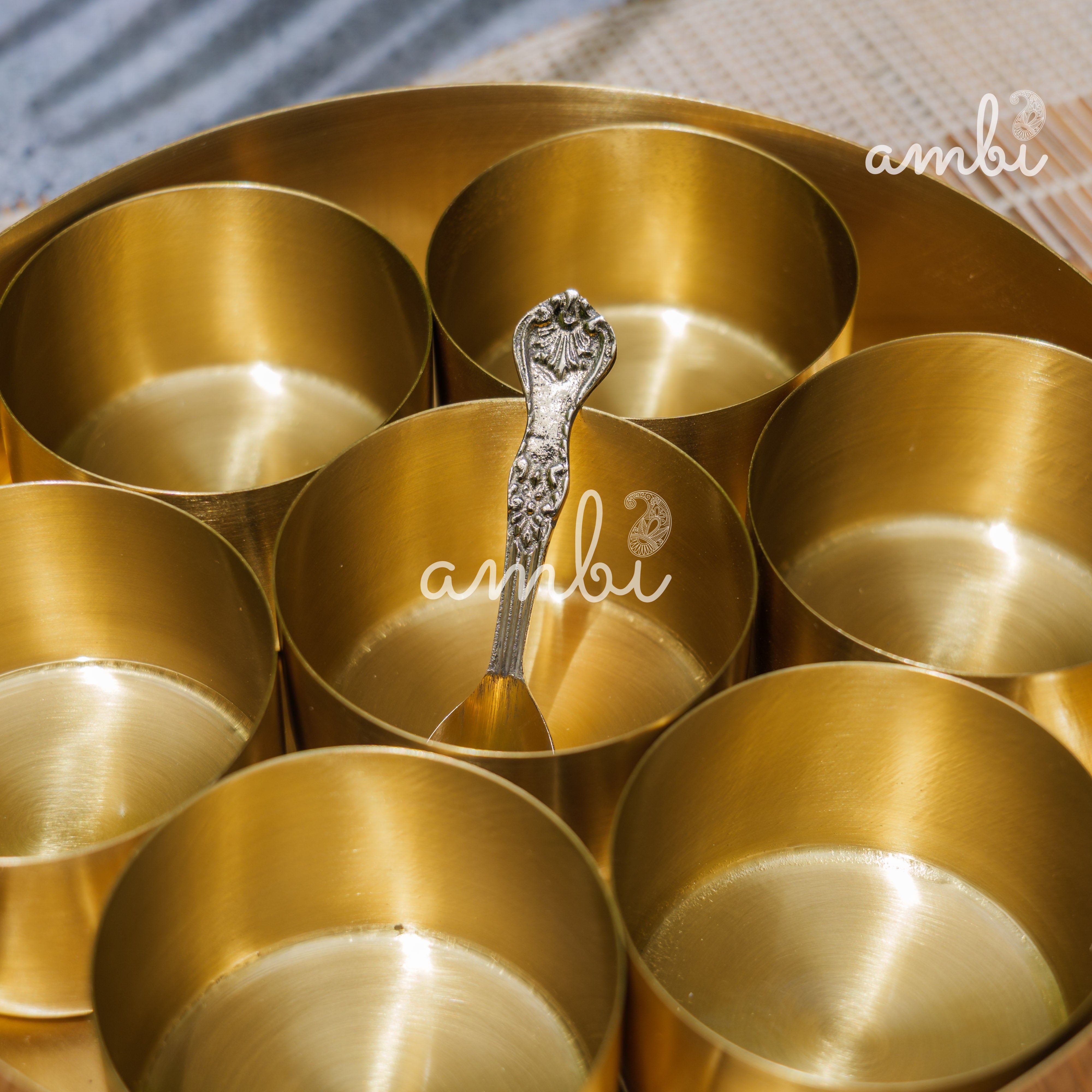 Brass Spice Box Masala Daani with Inlay Work with 7 Containers - Heavy Make