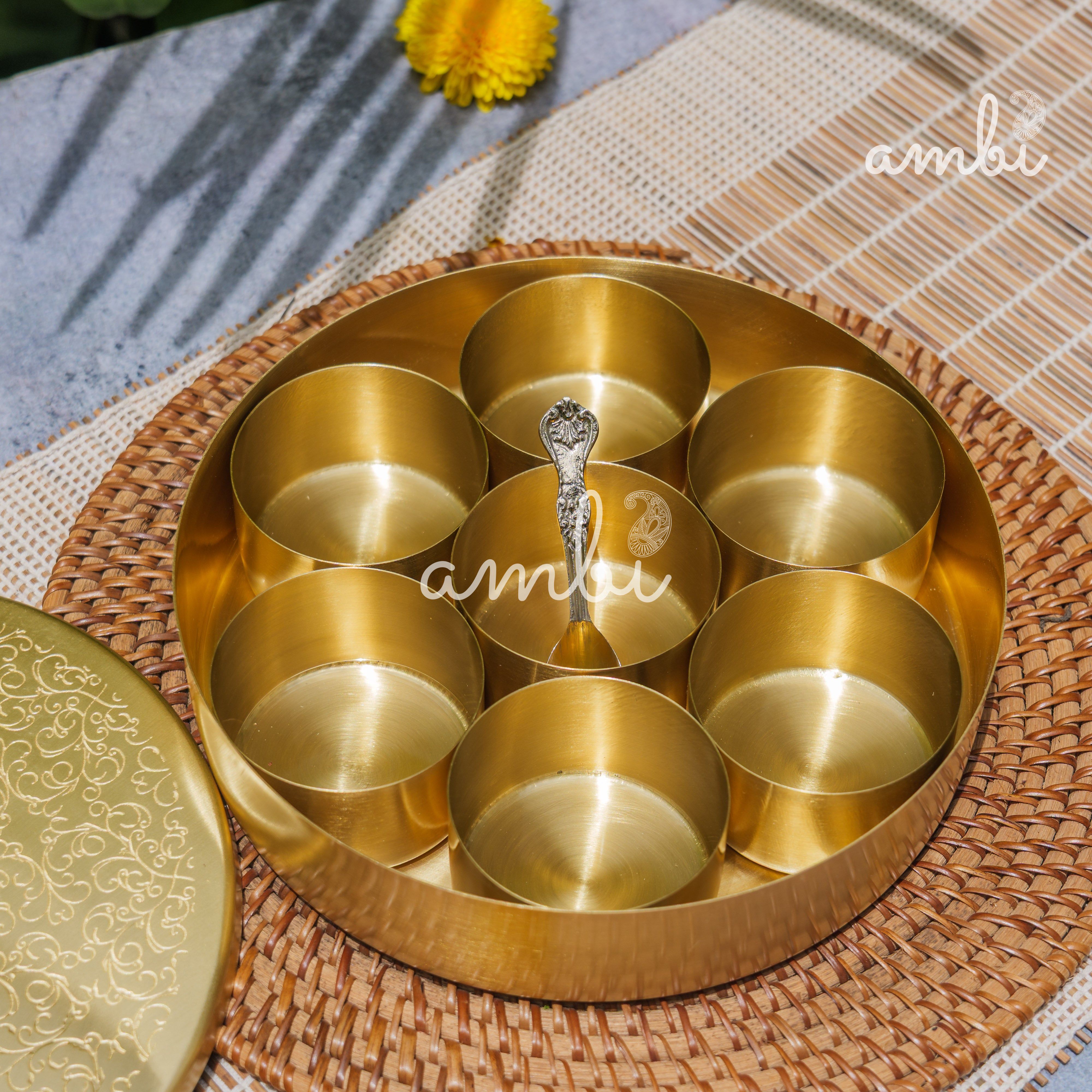 Brass Spice Box Masala Daani with Inlay Work with 7 Containers - Heavy Make