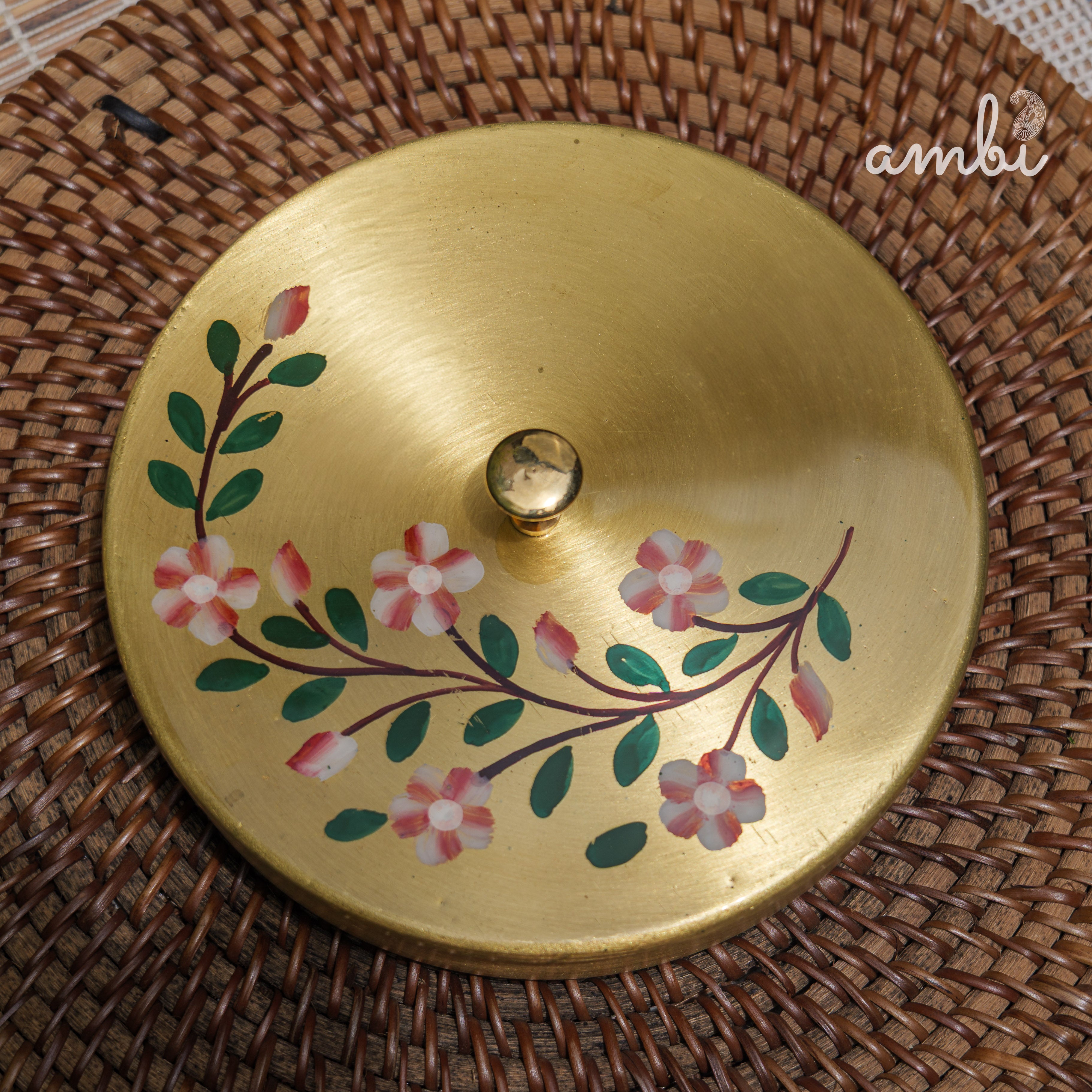 Hand Painted - Pure Brass Floral Storage Box / Cookie Box / Jewellery / Trinket - 6 inches Diameter - Floral Design