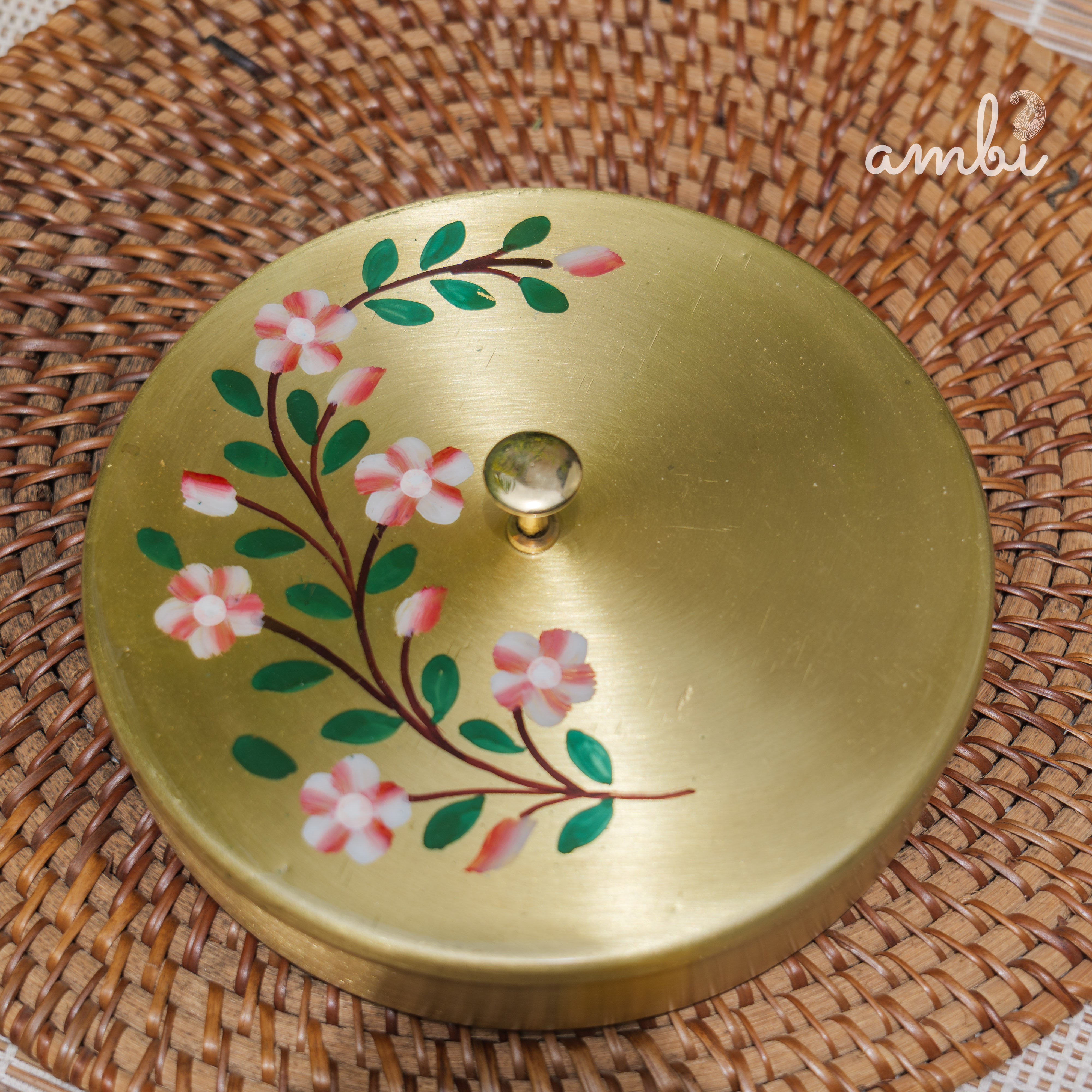 Hand Painted - Pure Brass Floral Storage Box / Cookie Box / Jewellery / Trinket - 6 inches Diameter - Floral Design