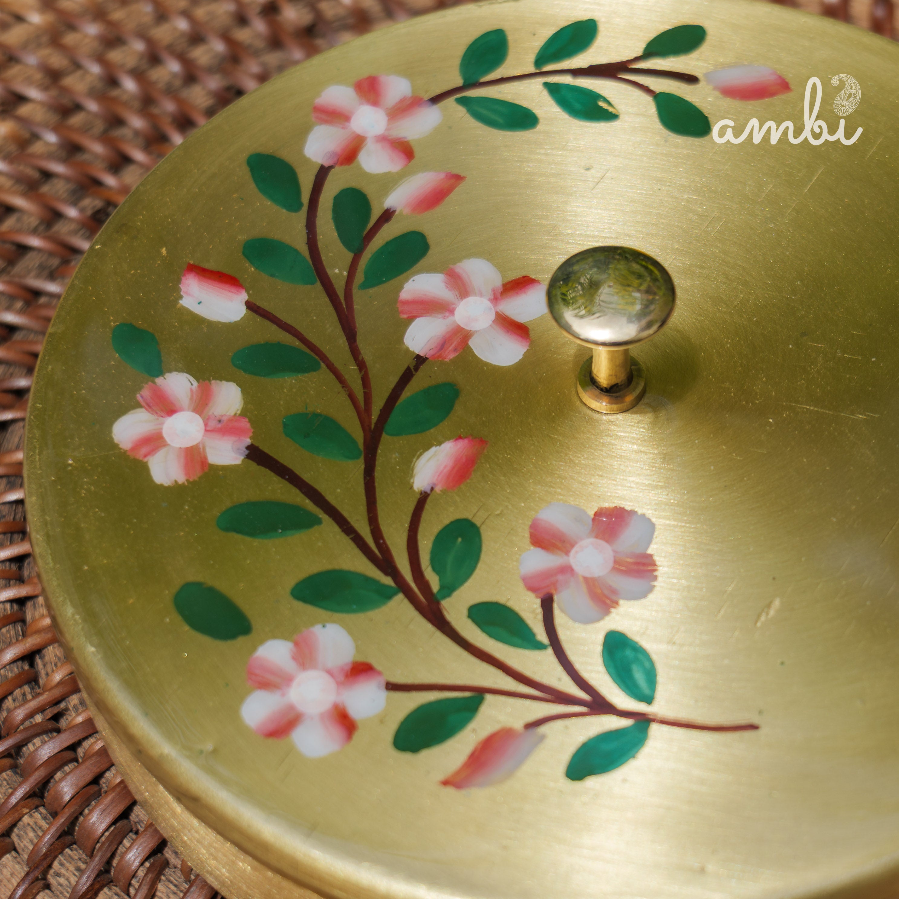 Hand Painted - Pure Brass Floral Storage Box / Cookie Box / Jewellery / Trinket - 6 inches Diameter - Floral Design