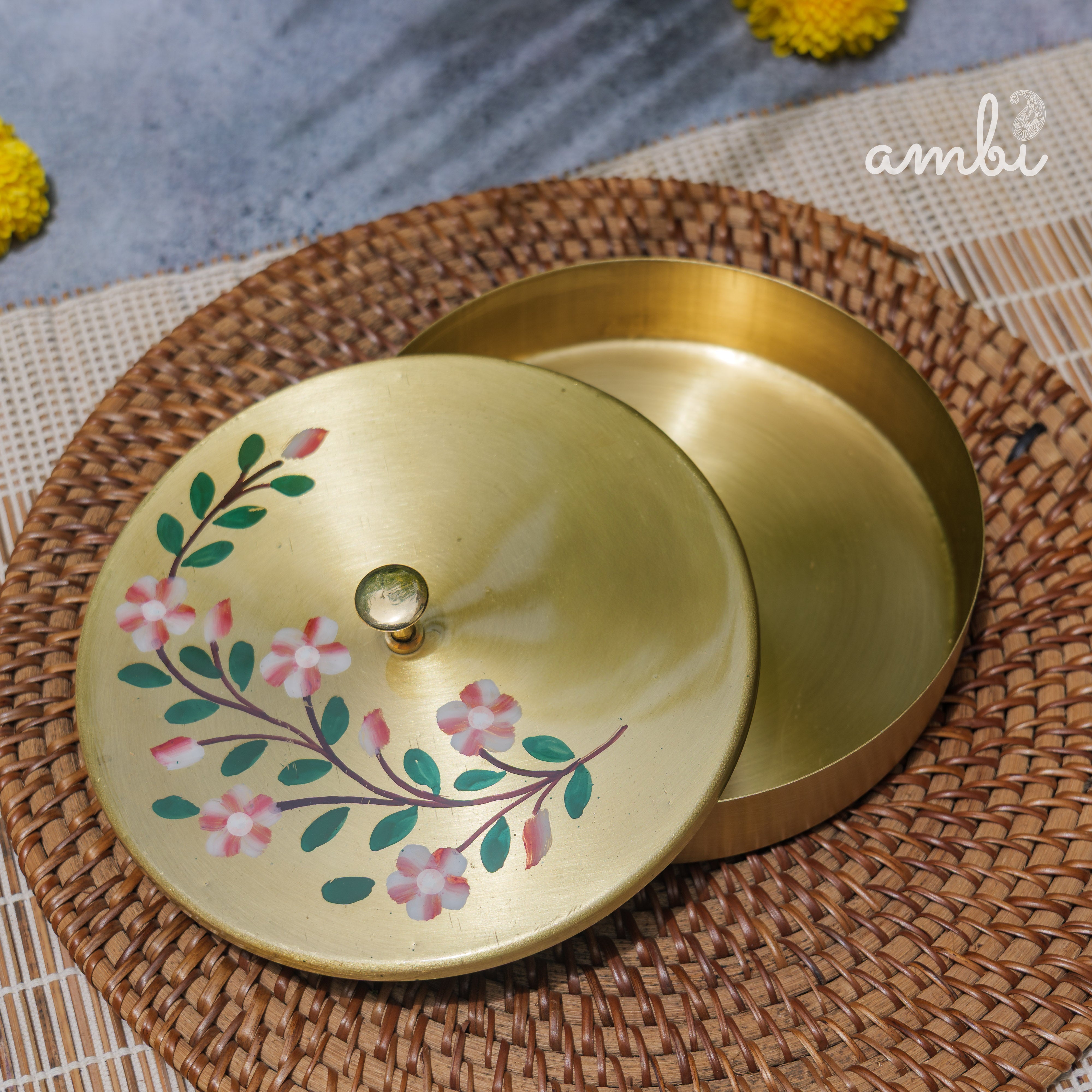 Hand Painted - Pure Brass Floral Storage Box / Cookie Box / Jewellery / Trinket - 6 inches Diameter - Floral Design