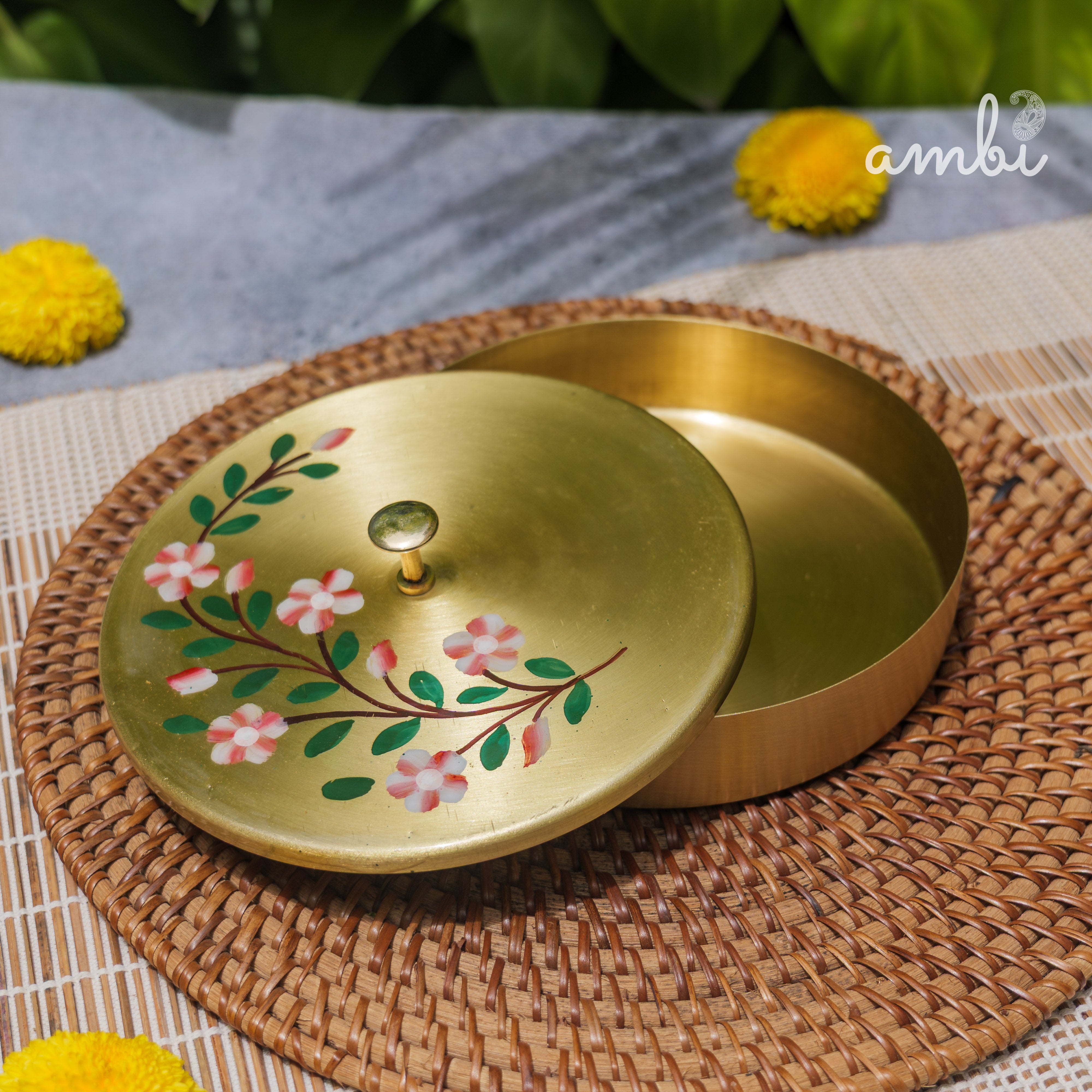 Hand Painted - Pure Brass Floral Storage Box / Cookie Box / Jewellery / Trinket - 6 inches Diameter - Floral Design